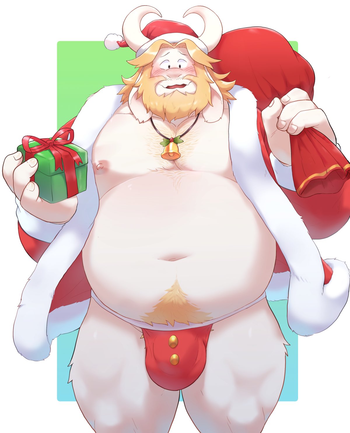 1boy 2022 2d anthro anthro_only asgore_dreemurr bara belly big_belly blush bovid bovine bulge christmas christmas_clothing christmas_headwear clothing dad_bod dilf facial_hair furry furry_male furry_only gift goat hat headgear headwear hi_res holidays looking_at_viewer looking_down male male_only mammal moobs navel nipples o-ro overweight overweight_male santa_claus santa_hat solo undertale_(series) underwear