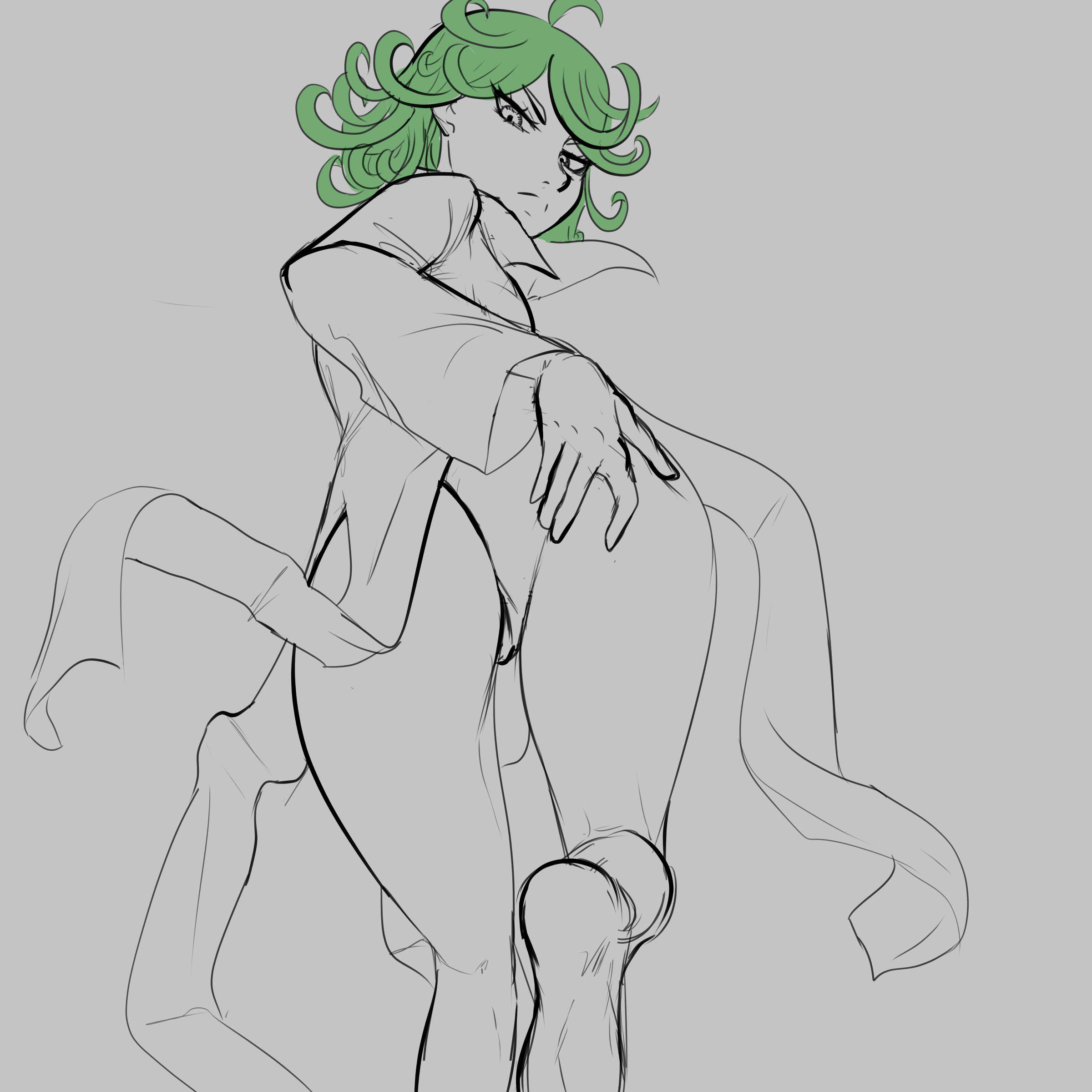 1girls, angry, ass, big ass, big butt, curly hair, curvy, doktor malefic, feet, female, female only, green hair, monochrome, no panties, one-punch man, partially colored, sketch, solo, solo female, spread anus, spread ass, spread butt, tatsumaki, thick ass, thick thighs, thighs