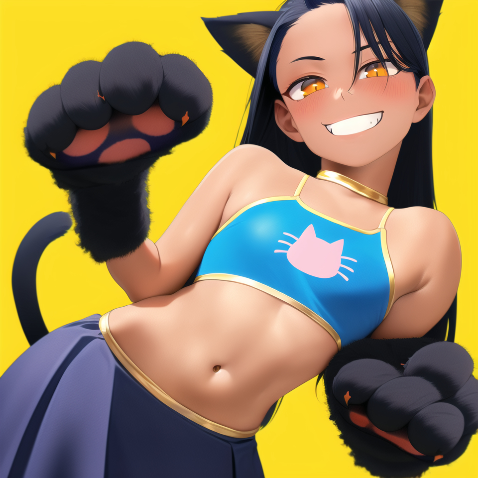1girls, ai generated, black hair, blush, breasts, cat cutout, cat ears, cat girl, cat tail, catgirl, feline, female, gloves, hayase nagatoro, long hair, looking at viewer, nai diffusion, navel, paws, please don't bully me, nagatoro, simple background, skirt, small breasts, smile, solo, solo female, solo focus, stable diffusion, tan skin, tan-skinned female, tanned, tanned female, teeth, upper body, yellow eyes