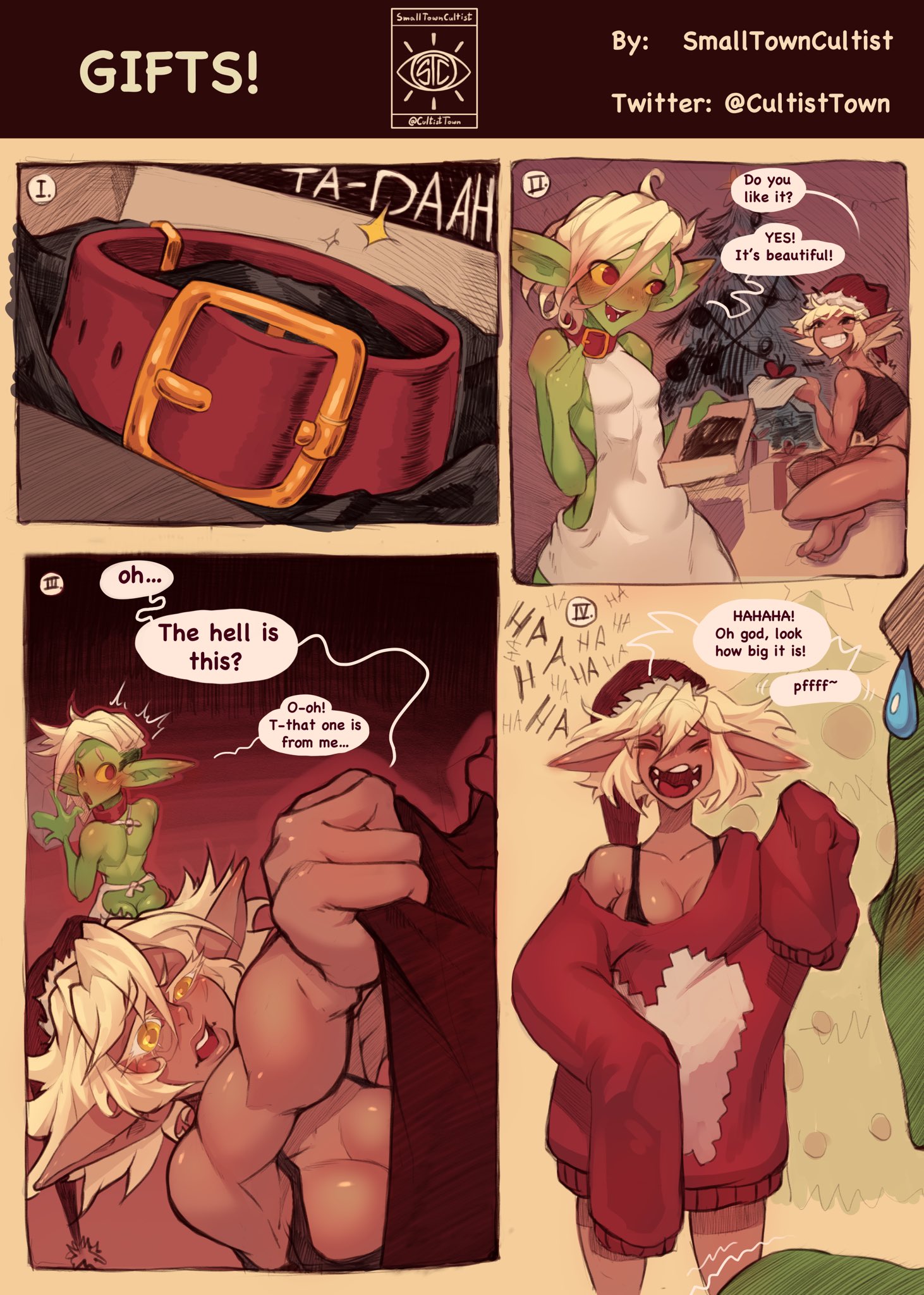 2022, 2girls, big breasts, blonde hair, breasts, christmas, cleavage, clothed, clothing, collar, comic, dark skin, dialogue, duo, elf, english text, female, female only, goblin, goblin female, green skin, humanoid, larger female, light skin, light-skinned female, oversized clothes, pointy ears, short hair, size difference, skilla (smalltowncultist), smaller female, smalltowncultist, smol (smalltowncultist), sweater, text, wholesome