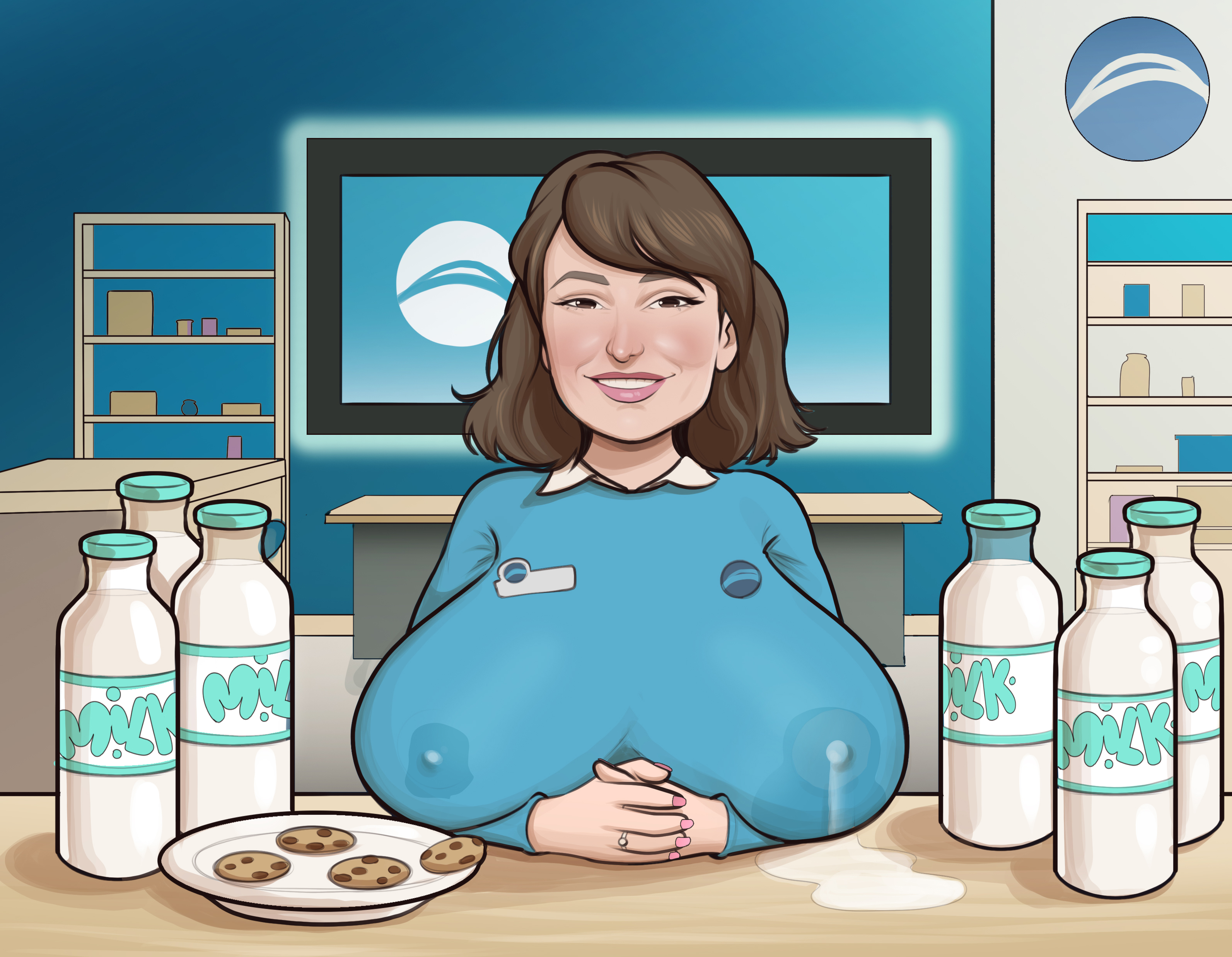 1girls, big breasts, breasts, brown eyes, brown hair, celebrity, cookie, female, female only, huge breasts, lactating, lactation through clothes, lily adams (at&t), looking at viewer, mascot, milana vayntrub, milf, milk, name tag, nipple bulge, painted nails, real person, short hair, smiling, solo, sweater