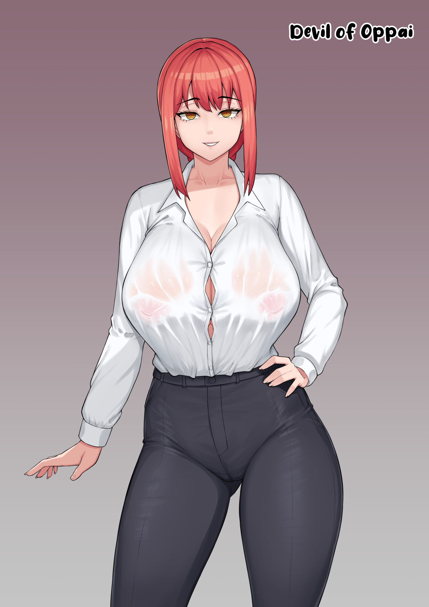big breasts, breasts, chainsaw man, female, makima (chainsaw man), red hair, tight clothing