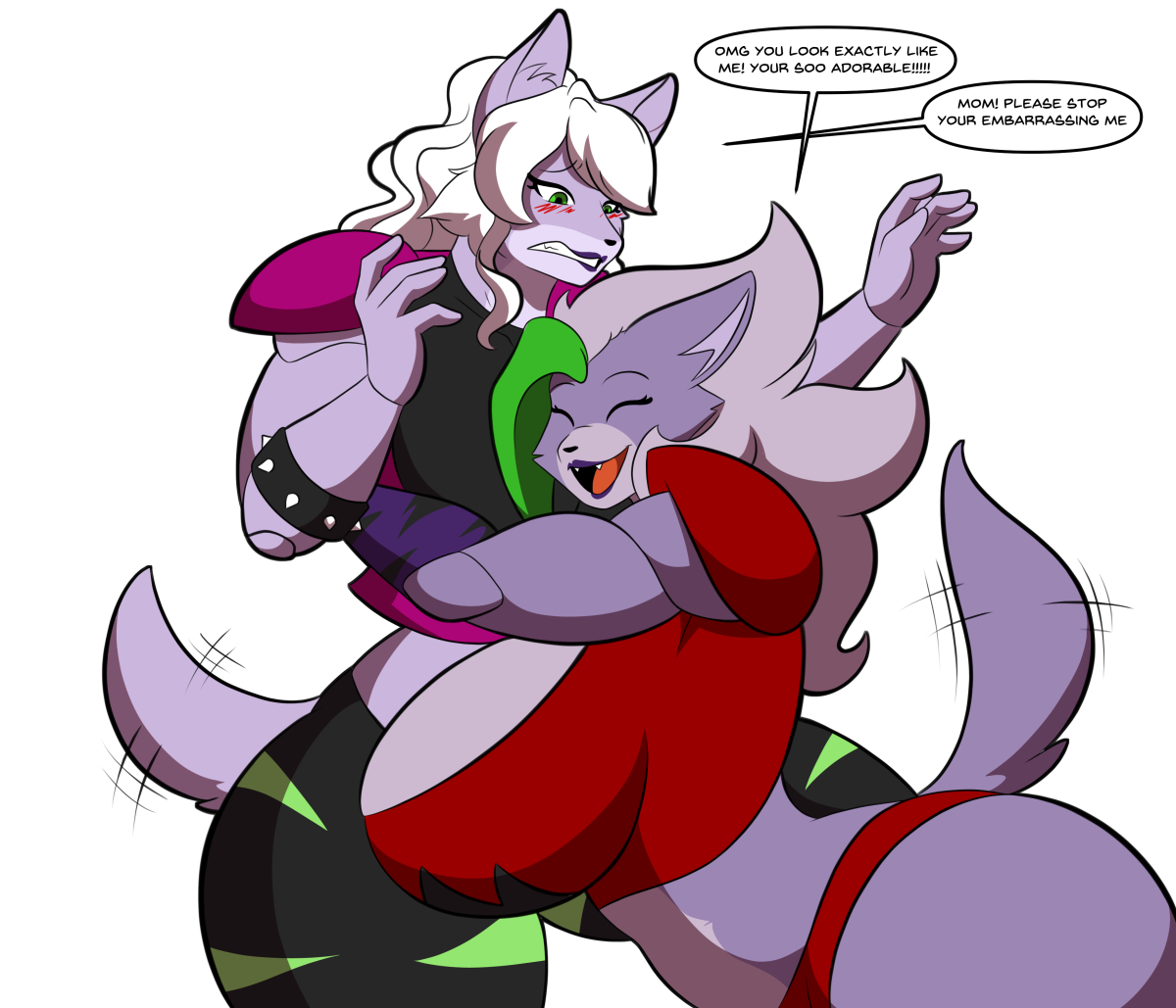 2girls, ass, big breasts, breasts, english commentary, english dialogue, english text, female, five nights at freddy's, five nights at freddy's: security breach, furry, furry female, huge ass, long hair, lunarartstudios (artist), mother, mother and daughter, roxanne wolf (fnaf), wolf, wolf ears, wolf girl, wolf tail