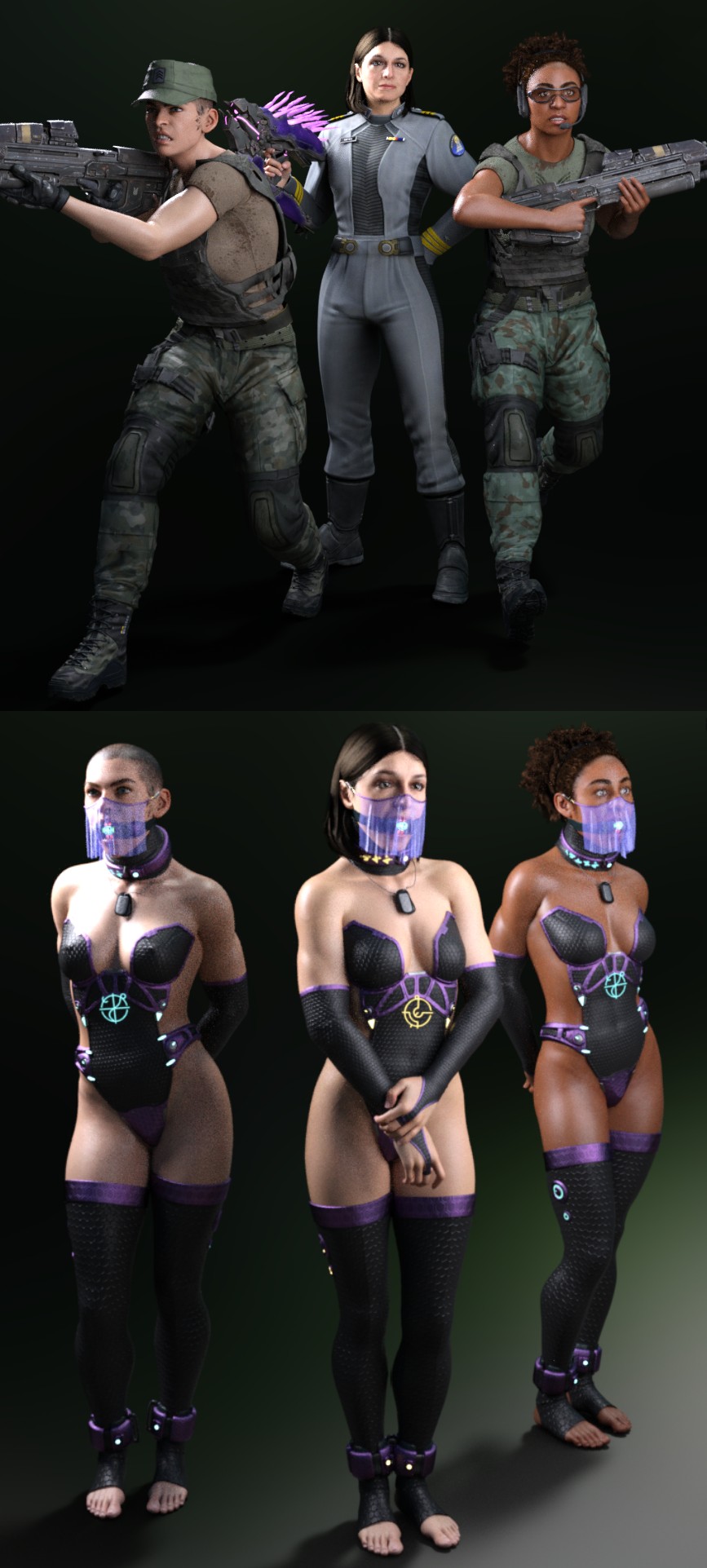 3d assault_rifle bald_female ball_gag barefoot bondage curly_hair dark-skinned_female dark_skin dogtag dogtags face_veil firearm halo halo_(game) halo_(series) halo_infinite handcuffed handcuffs_on_ankles hands_behind_back light-skinned_female light_skin military military_uniform miranda_keyes officer restrained short_hair slave_collar slave_outfit slavegirl spm_fx unsc_marine veil