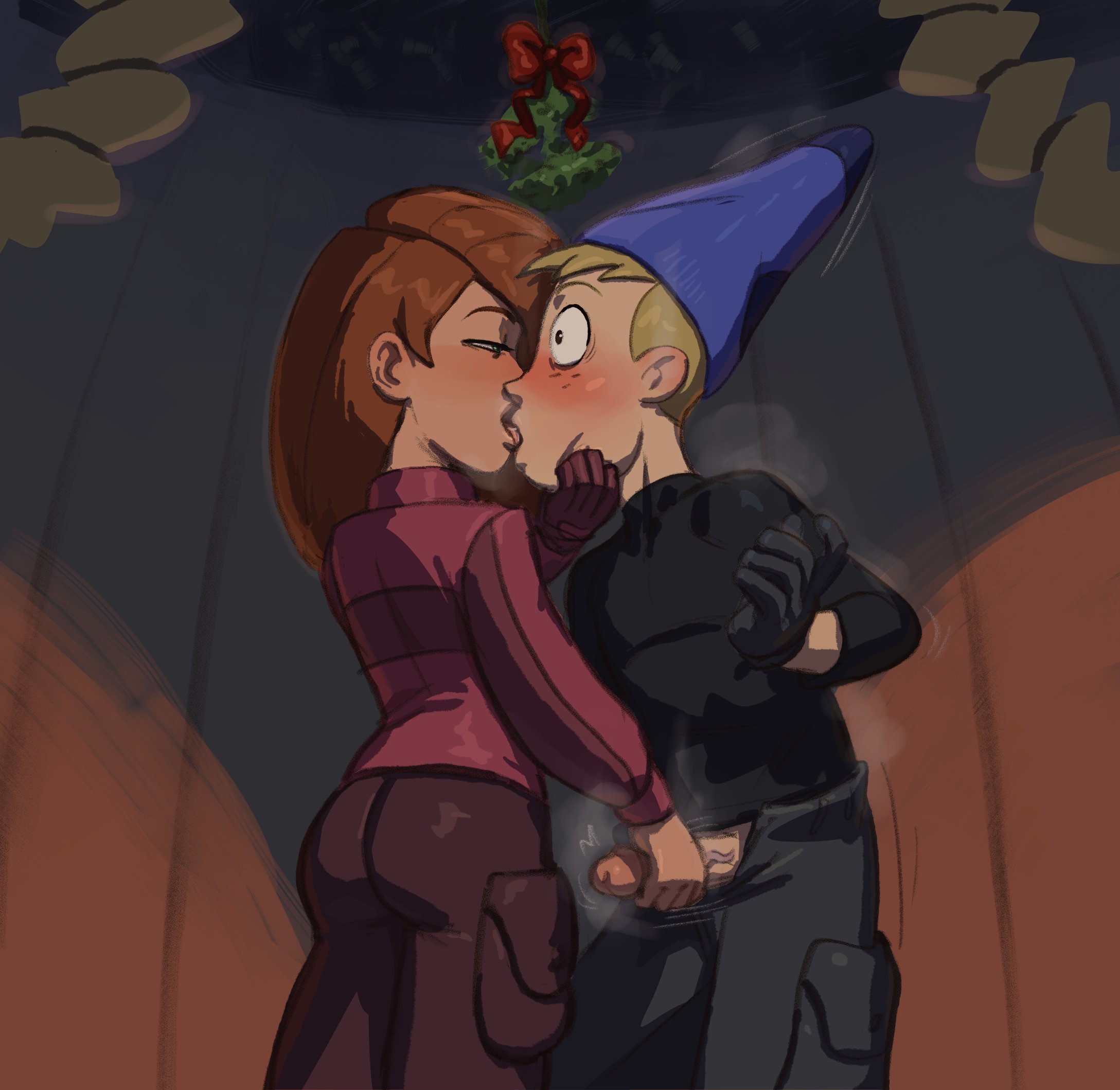1boy, 1girls, canon couple, christmas, clothed female, clothed male, disney, disney channel, erection, female, femdom, forced kiss, handjob, kim possible, kimberly ann possible, kissing, male, mistletoe, pears (artist), penis, ron stoppable, straight
