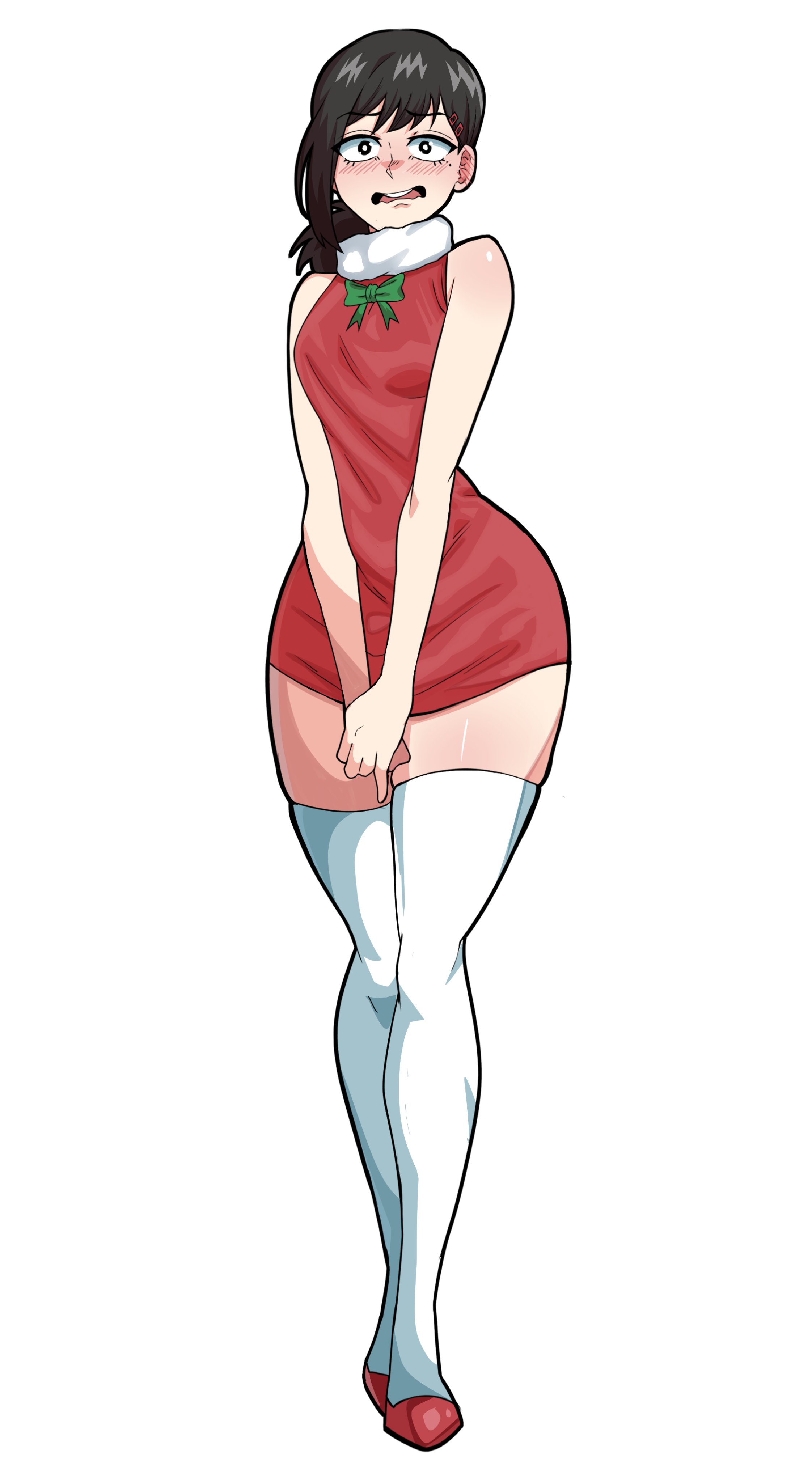 1girls, bare shoulders, black hair, breasts, chainsaw man, christmas, clothed, clothing, female, female only, higashiyama kobeni, looking at viewer, mg99, open mouth, simple background, solo, solo female, standing, thick thighs, thighhighs, white background, wide hips