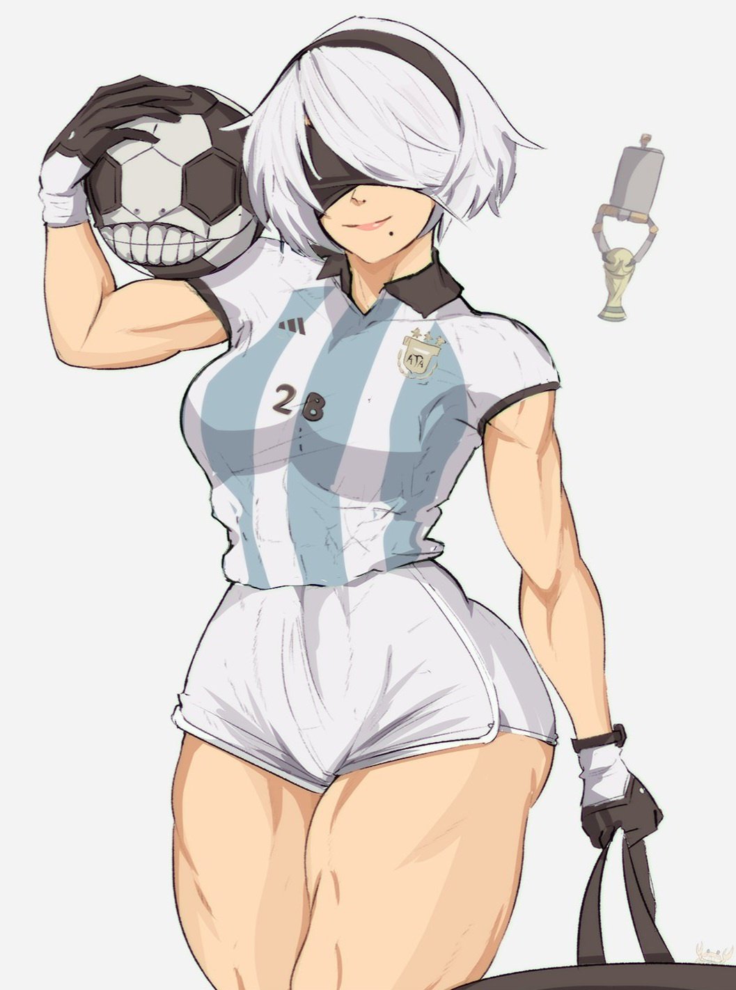 1girls 2022_fifa_world_cup adidas argentina beauty_mark biceps big_thighs blindfold duffel_bag emil_(nier) female female_focus female_only fifa_world_cup_trophy football football_(ball) football_uniform human human_only jersey mole mole_under_mouth muscular muscular_arms muscular_female muscular_thighs nier:_automata nier_(series) pod_(nier) smile solo solo_female sports_uniform sportswear thick thick_thighs trophy voluptuous voluptuous_female white_background white_hair white_shorts yoracrab yorha_2b