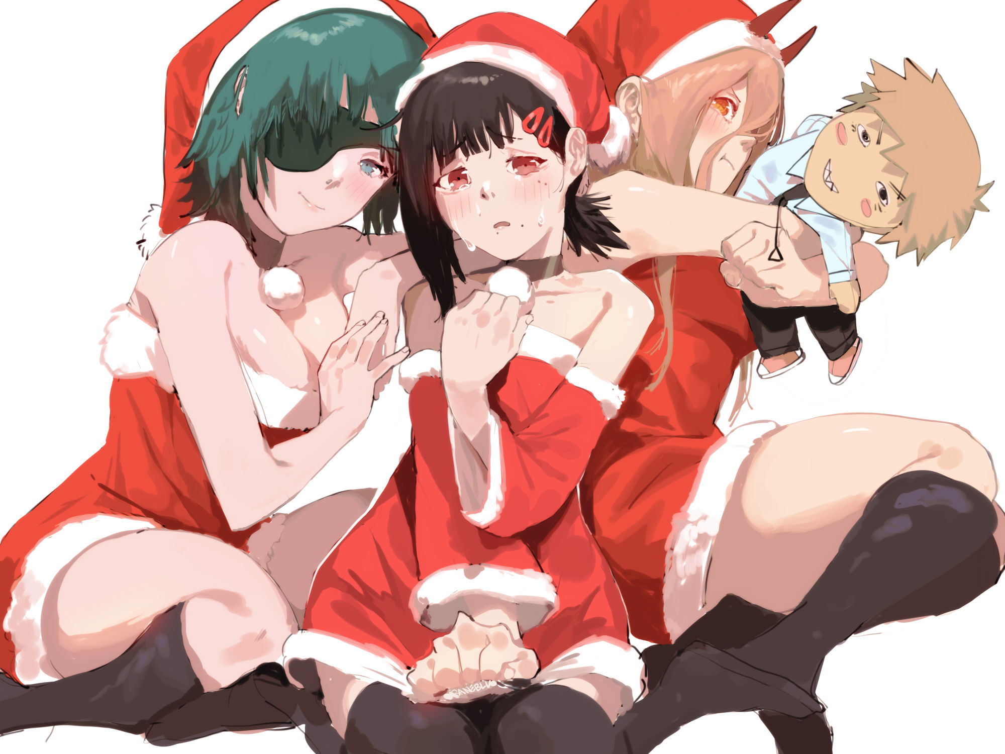 3girls, breasts, chainsaw man, christmas, christmas clothing, christmas outfit, cleavage, cute, denji (chainsaw man), female, female only, higashiyama kobeni, himeno (chainsaw man), hugging, light skin, light-skinned female, looking at viewer, power (chainsaw man), raneblu, santa costume, santa hat, sitting, stockings, thick thighs, wholesome