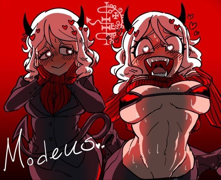 bra demon_girl demon_horns demon_tail fangs flashing_breasts heart-shaped_pupils hearts_around_head helltaker lifting_sweater looking_at_viewer miniskirt modeus_(helltaker) red_sweater short_hair short_white_hair suit_jacket white_hair