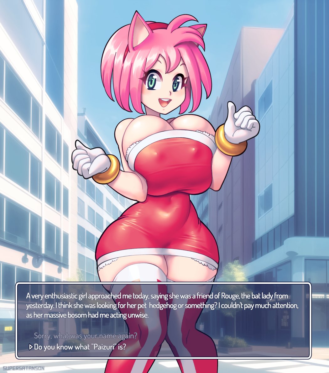 amy rose, breasts, dialogue, female, gijinka, green eyes, hedgehog humanoid, huge breasts, humanized, large breasts, minidress, miniskirt, pink hair, red boots, red dress, sega, sonic (series), sonic the hedgehog (series), squished breasts, supersatanson, thighhigh boots, white bra