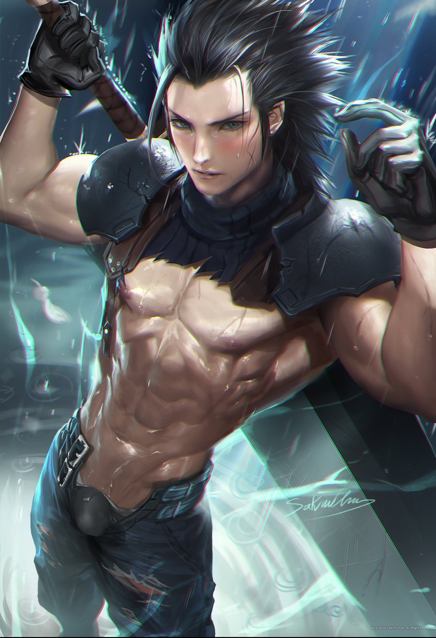 1boy, abs, adonis belt, biceps, crisis core final fantasy vii, final fantasy, final fantasy vii, gloves, male, male only, muscular, muscular male, open pants, pecs, rain, raining, ripped clothing, ripped pants, ripped shirt, sakimichan, solo, wet skin, zack fair