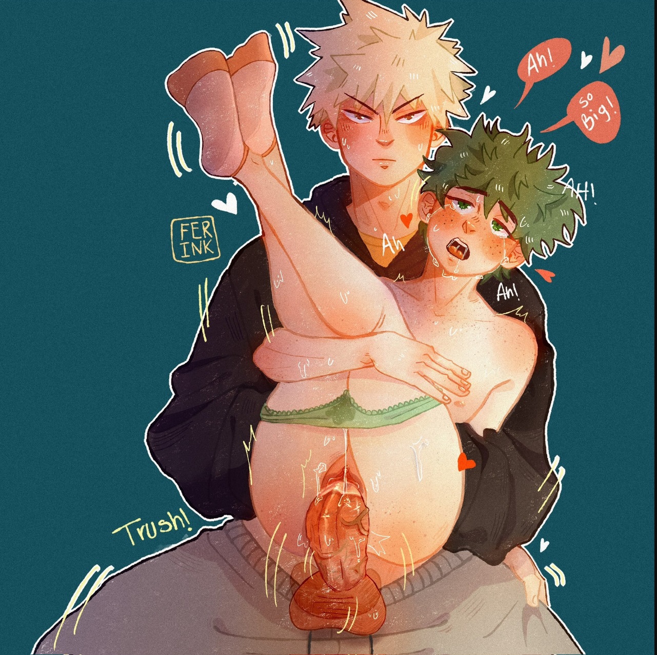 1boy, 1cuntboy, ankle socks, anklehighs, blush, carrying, cuntboy, cuntboy penetrated, english text, freckles, green eyes, green hair, heart, intersex, izuku midoriya, katsuki bakugou, legs held up, legs together, legs up, male, male/cuntboy, moaning, my hero academia, on lap, open mouth, panties, pants down, penis, praise, pussy, sex, socks, stand and carry position, thick penis, vaginal penetration, veiny penis, white socks