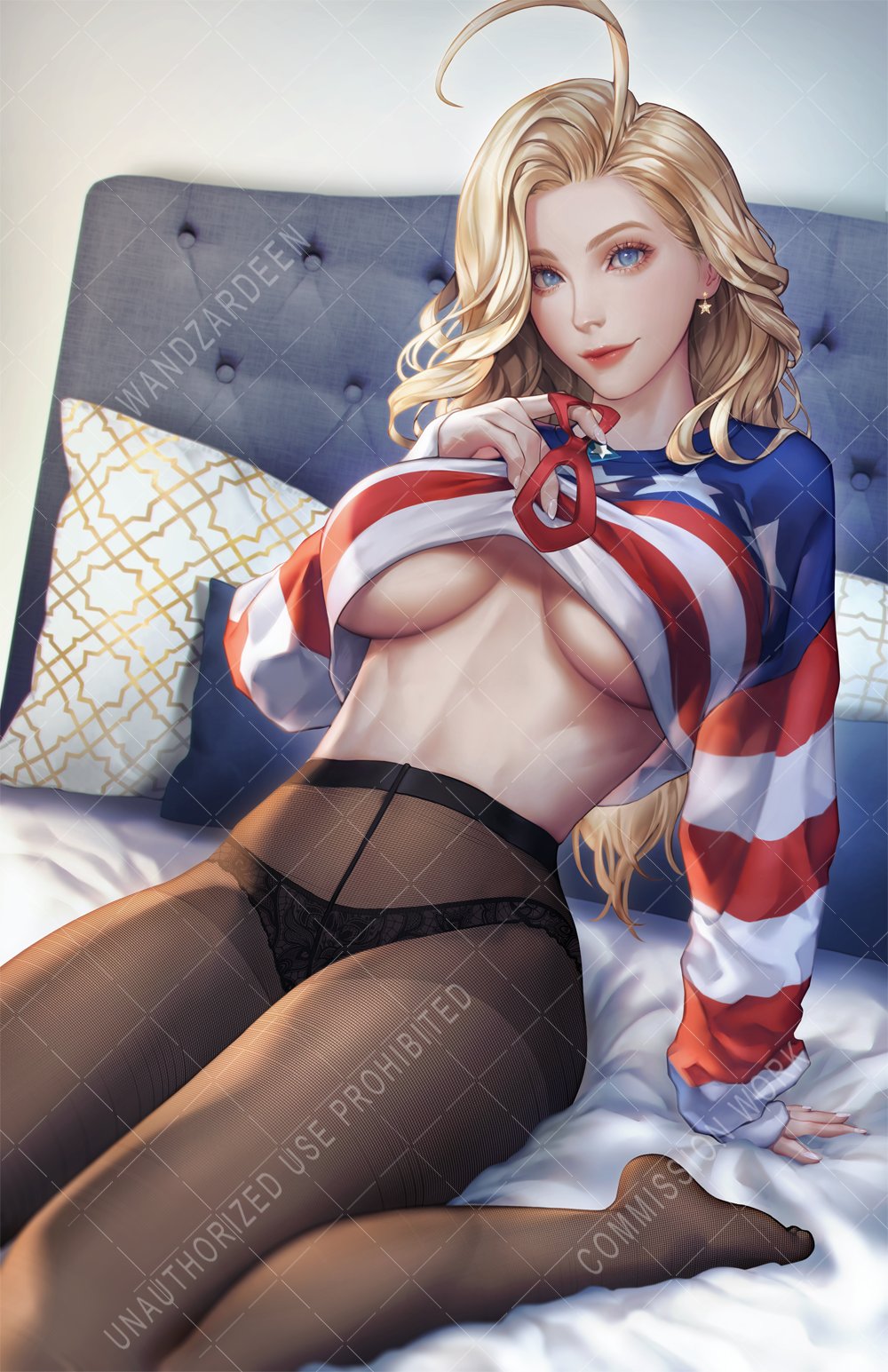 1girls american american_flag american_flag_bikini bed bedroom big_breasts blonde_hair blue_eyes charlotte_vanders female female_only kamen_america kamen_america_(character) kamen_america_(series) light-skinned_female light_skin looking_at_viewer pantyhose solo superheroine underboob wandzardeen