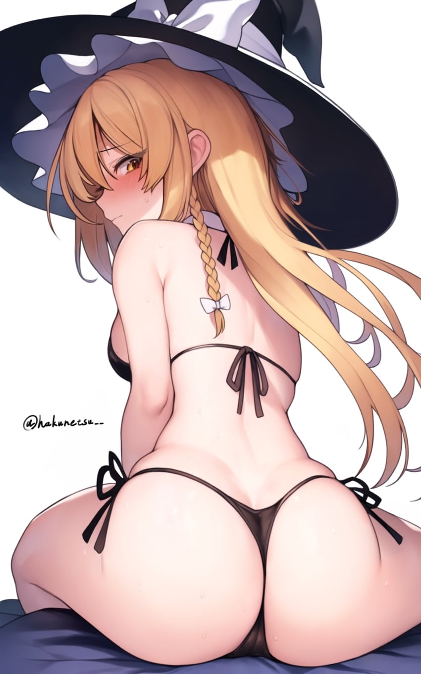 1girls, ass, ass focus, back, backboob, big ass, big butt, bikini, blonde hair, blush, bow, braid, braided hair, breasts, butt focus, cameltoe, embarrassed, female, hakunetsu denkyu~, hat, leaning forward, looking at viewer, marisa kirisame, pussy, sitting, sweat, sweatdrop, swimsuit, thong, touhou, witch, witch hat, yellow eyes