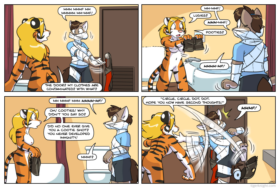 2021 anthro anthromorph bathroom black_hair blonde_hair breasts brown_hair clothing comic dialogue exotic furry furry_only grey_fur humanoid jan_(artist) jessica_(jan) naked nine_to_nine nipples nude nude_female orange_fur original original_character tail tiger tigerknight toilet_paper wolf wolf_(jan)