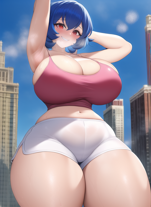 1girls ai_generated armpits arms_up bare_arms bare_legs bare_midriff bare_shoulders bare_thighs blue_hair blush booty_shorts breasts camisole city city_background cityscape crop_top curvy day game_freak giant giantess gigantic_breasts gigantic_thighs huge_breasts huge_thighs impossible_clothes impossible_clothing impossible_shirt large_breasts large_thighs looking_at_viewer macro massive_breasts massive_thighs midriff nai_diffusion nintendo pink_camisole pink_crop_top pink_tank_top pokemon pokemon_hgss red_eyes sabrina_(pokemon) sabrina_(pokemon_hgss) short_shorts shorts sideboob size_difference smile smiling_at_viewer spaghetti_strap stable_diffusion steam steaming_body sweat sweatdrop sweating sweaty sweaty_body tank_top thick_thighs thighs tight_clothes tight_clothing tight_fit voluptuous voluptuous_female white_shorts wide_hips