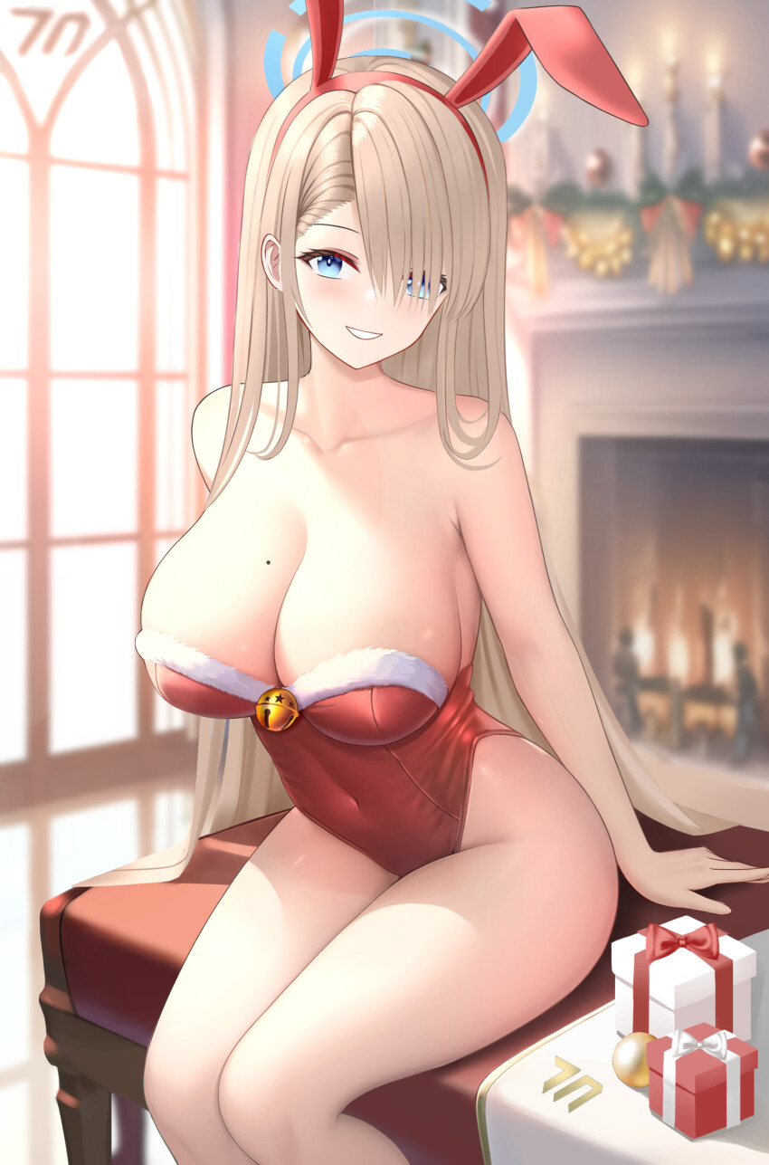 1girls, 2d, 2d (artwork), alternate costume, ass, asuna (blue archive), asuna (bunny girl) (blue archive), asuna (bunny) (blue archive), bare shoulders, blonde hair, blue archive, blue eyes, breasts, bunny ears, bunny girl, bunnysuit, christmas, christmas clothing, christmas outfit, cleavage, dina (dinafya ), female, female only, fireplace, hair over one eye, large breasts, leotard, light skin, light-skinned female, long hair, looking at viewer, open mouth, playboy bunny, solo, solo focus, thick thighs, thighs, uncensored, wide hips