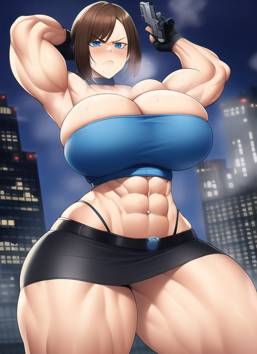 1girls abs ai_generated angry armpits arms_up bare_arms bare_legs bare_midriff bare_shoulders bare_thighs biceps black_choker black_gloves black_skirt blue_eyes blue_tube_top blue_tubetop blush breasts broad_shoulders brown_hair capcom choker city city_background cityscape giant giantess gigantic_breasts gloves handgun holding_object holding_weapon huge_breasts hyper_thighs jill_valentine large_breasts looking_at_viewer macro massive_breasts massive_thighs midriff midriff_baring_shirt miniskirt muscle muscles muscular muscular_arms muscular_female muscular_legs muscular_thighs nai_diffusion night resident_evil resident_evil_3 short_hair short_skirt size_difference skirt stable_diffusion steam steaming_body strapless sweat sweatdrop sweating sweaty sweaty_body thick_arms thick_thighs thighs thunder_thighs tube_top tubetop voluptuous voluptuous_female wide_hips