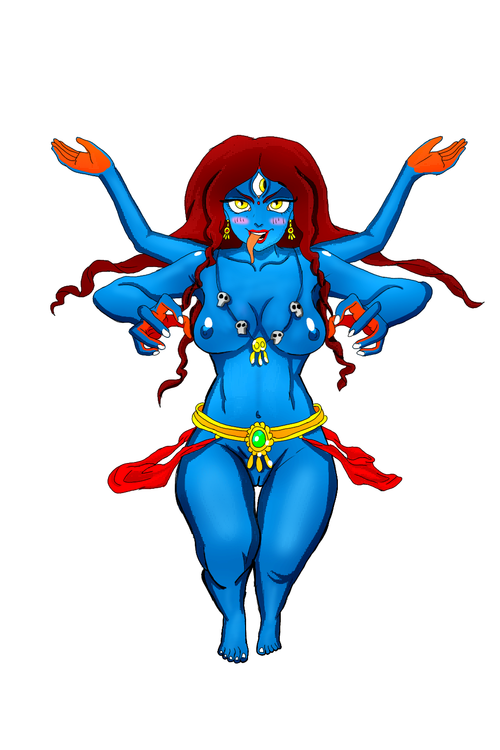 anime blue_skin goddess hindu_mythology hinduism indian indian_female jewelry kali long_tongue looking_at_viewer multi_arm multi_limb open_mouth rex21 tarot_deck text tongue_out