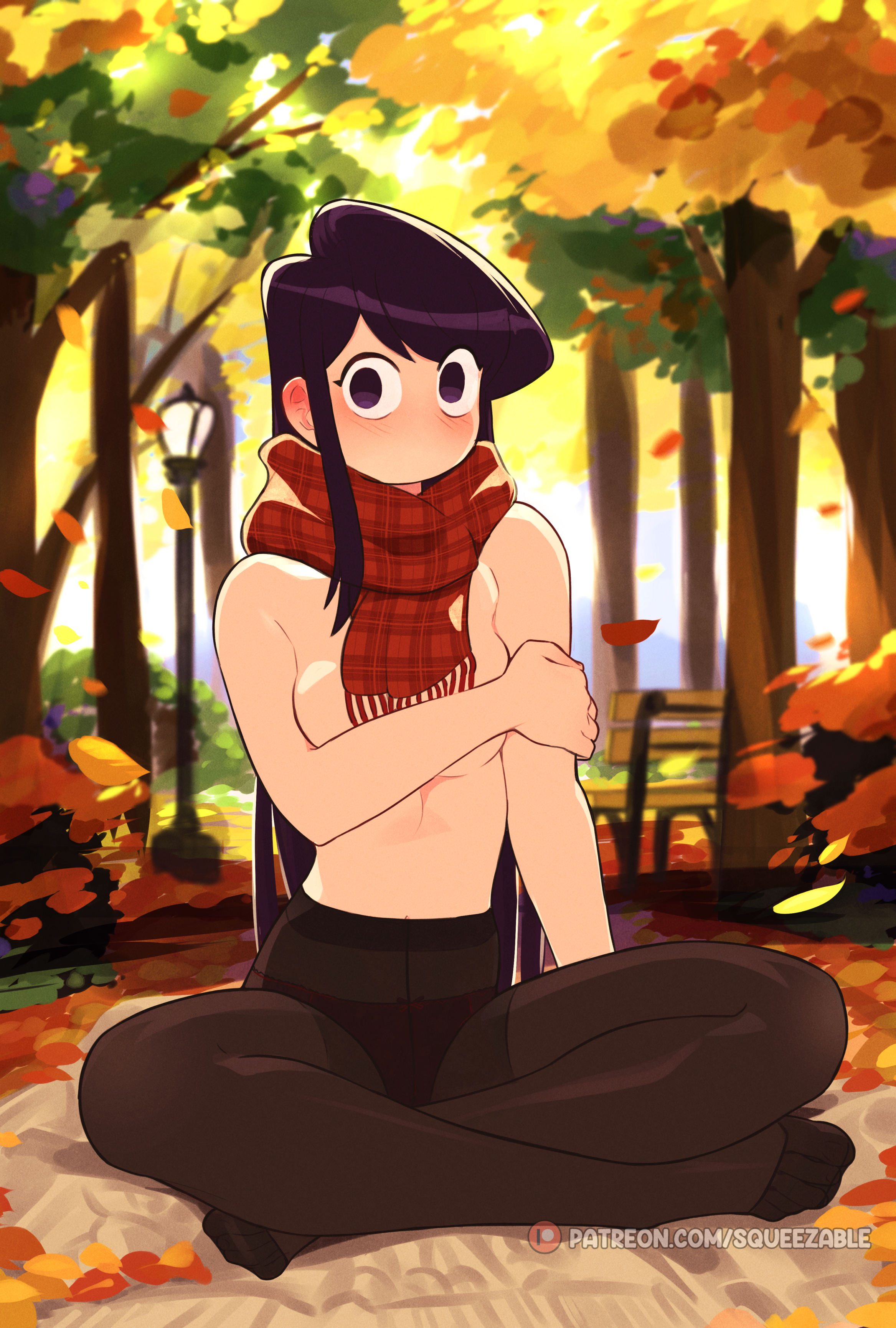 1girls, autumn leaves, big breasts, big eyes, black hair, blush, breasts, chest, covering, covering breasts, crossed legs, embarrassed, exhibitionism, fall, female, female only, highres, komi shouko, komi-san wa komyushou desu, legs, legwear, light skin, light-skinned female, long hair, looking at viewer, mouthless, navel, no mouth, no shoes, outdoors, outside, panties visible through clothing, pantyhose, park, purple eyes, scarf, sitting, solo, squeezable, surprised, topless