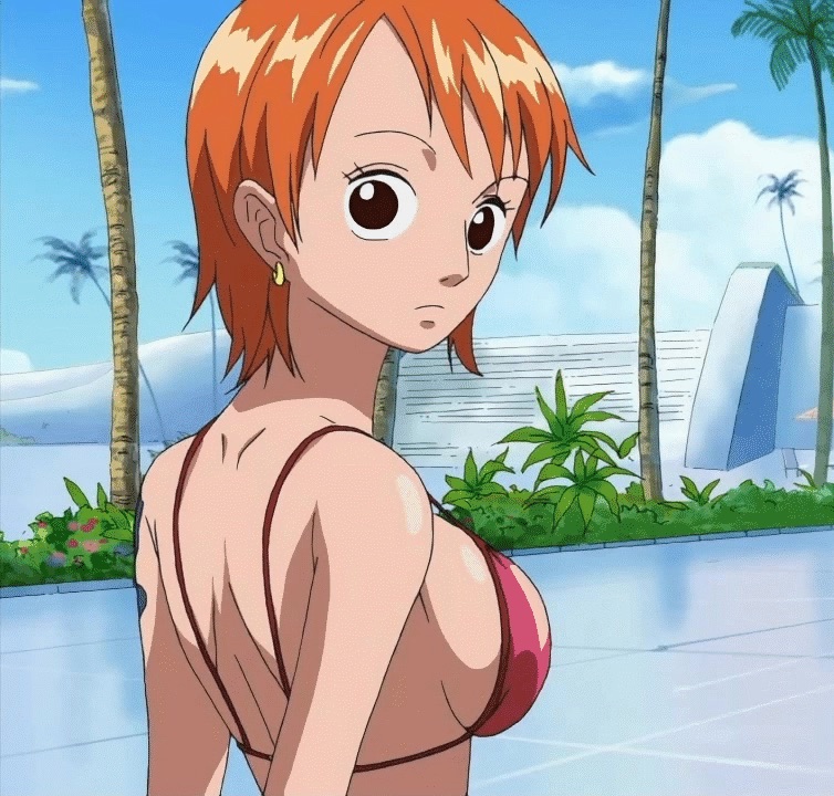 1girls, angry, arm tattoo, back, bangs, bikini, black eyes, blue tattoo, bouncing breasts, breasts, cleavage, crossed arms, earrings, female, female only, from behind, gold earrings, jewelry, large breasts, nami (one piece), one piece, orange hair, orange-haired female, outdoors, parted bangs, pre-timeskip, screencap, screenshot, short hair, sideboob, solo female, sweat, tattoo, tattoo on arm, tattooed arm, upper body