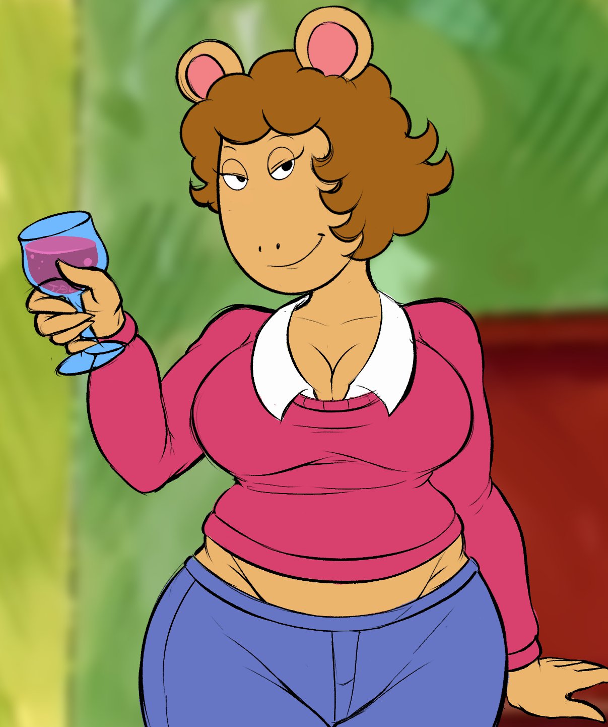 1girls aardvark anthro arthur_(series) bedroom_eyes big_breasts breasts brown_hair cleavage clothed female female_focus female_only jane_read large_breasts looking_at_viewer mature_female milf mother solo sweater teenagebratwurst thick_thighs wide_hips wine