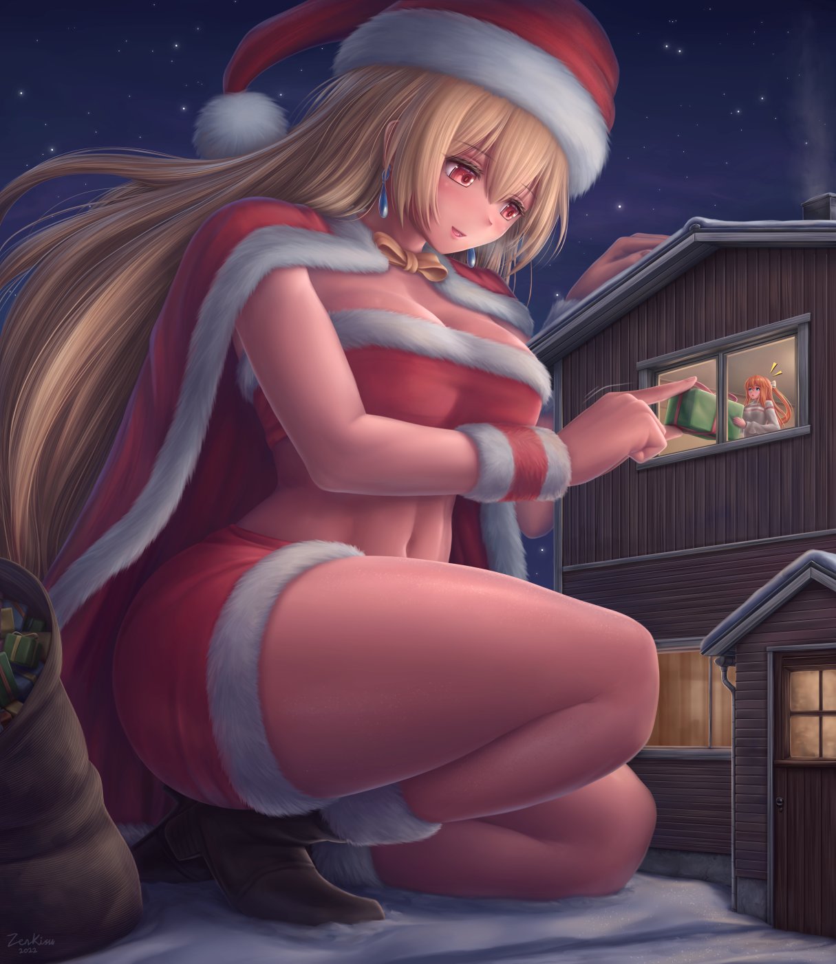 2girls breasts christmas clothed clothing female female_only giantess light-skinned_female light_skin long_hair macro santa_costume santa_hat size_difference thick_thighs zenkisu