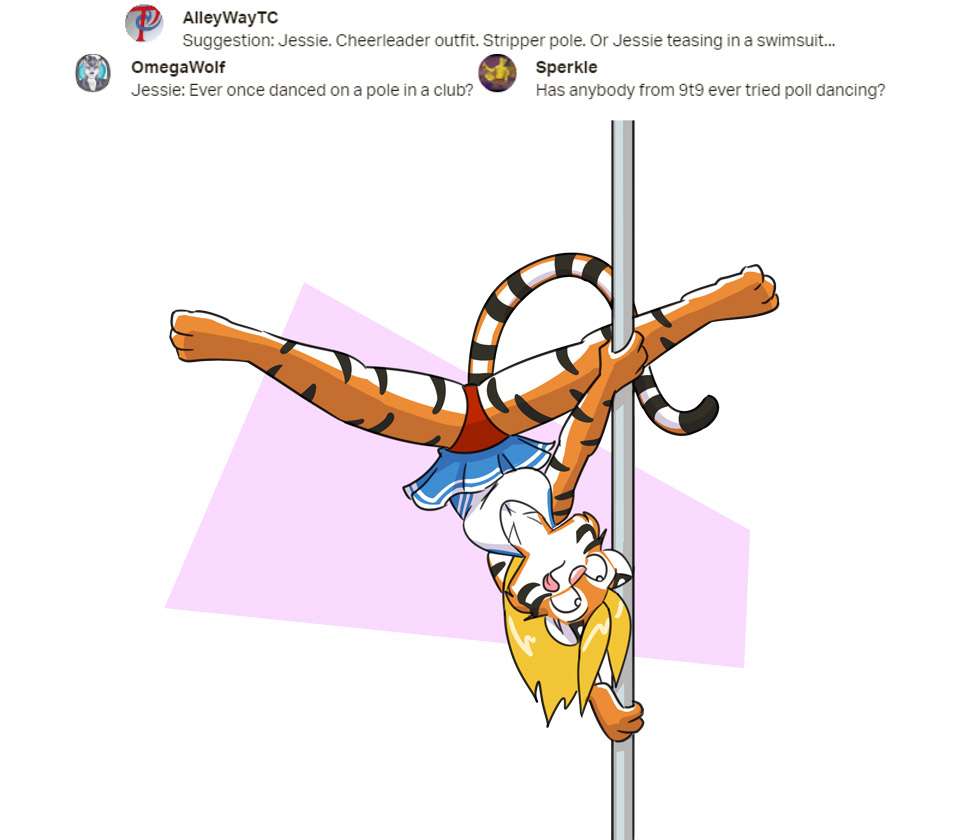 1girls 2019 anthro anthromorph blonde_hair cheerleader cheerleader_uniform clothing english_text furry furry_only jan_(artist) jessica_(jan) legs_apart nine_to_nine orange_fur original original_character panties pole pole_dancing stripper_pole suggestive tail tigerknight tongue_out upside-down