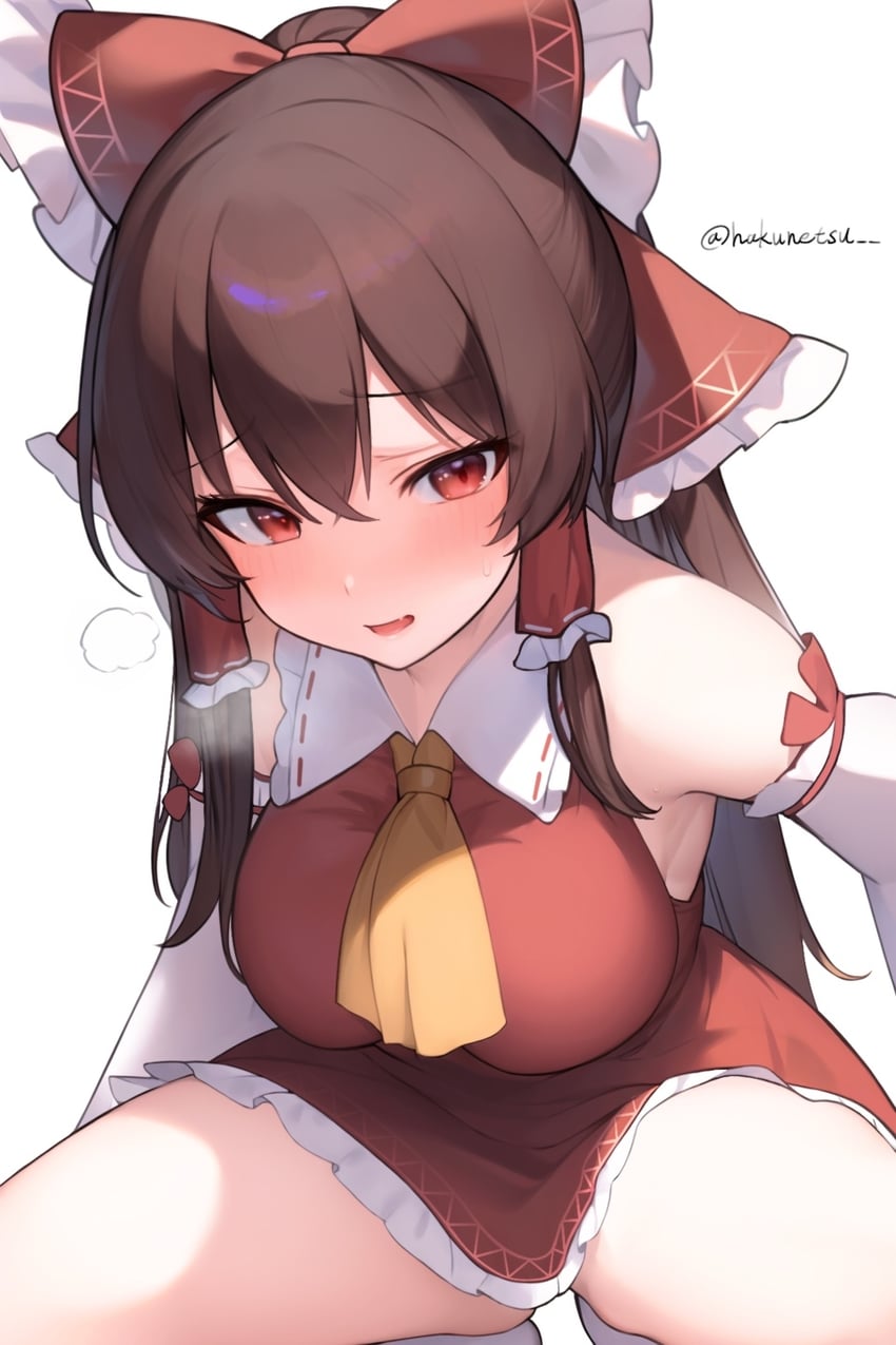 1girls, bare shoulders, blush, bow, breath, brown hair, embarrassed, female, frills, hair ribbon, hair tubes, hairbow, hakunetsu denkyu~, red eyes, reimu hakurei, solo, squatting, sweatdrop, touhou