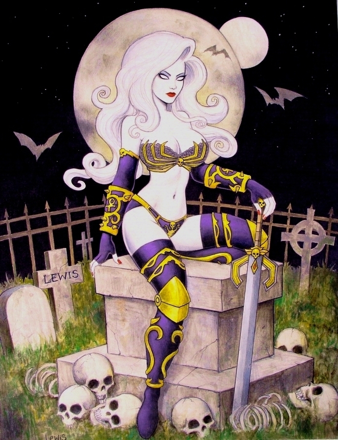 1girls bat big_breasts bones chaos_comics clothed clothed_female coffin_comics death_(personification) full_moon gloves graveyard grim_reaper highres lady_death long_hair looking_at_viewer metal_armor night night_sky queen_of_the_dead scott_lewis skulls solo sword thigh_boots thighhighs weapon white_hair white_sclera white_skin