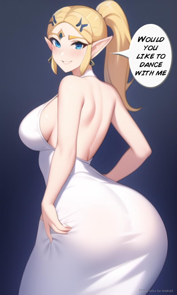 ai generated, ass, ass focus, big breasts, blonde hair, blue eyes, breasts, curvy, curvy figure, female, gigantic ass, huge ass, looking at viewer, nai diffusion, ponytail, princess zelda, seductive look, seductive pose, seductive smile, shiny clothes, shiny hair, shiny skin, speech bubble, stable diffusion, the legend of zelda, tight clothing, voluptuous, white dress, wide hips