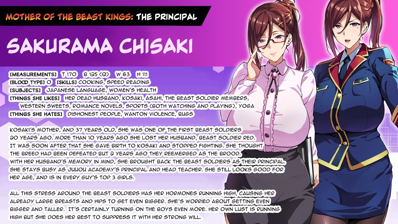 1girls, black skirt, blue skirt, breasts, brown hair, character name, character sheet, english text, female, female focus, female only, glasses, huge breasts, juukon sentai juusoldier (takeda hiromitsu), long hair, looking at viewer, milf, military uniform, mole under eye, necktie, open mouth, pencil skirt, pink eyes, pink shirt, ponytail, principal, sakurama chisaki (juukon sentai juusoldier), smile, solo, solo female, solo focus, takeda hiromitsu