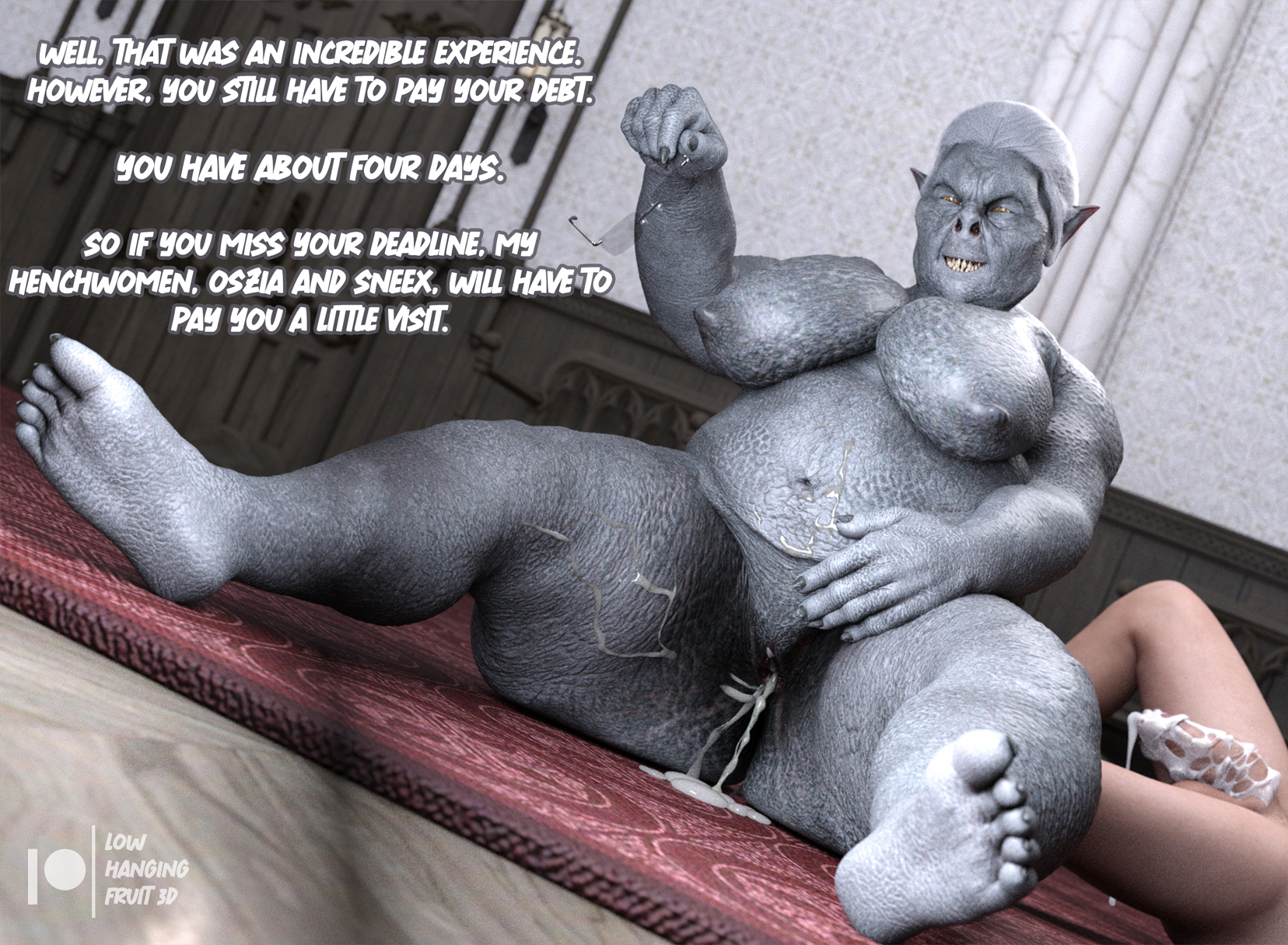 3d, 3d (artwork), chubby, chubby female, clothed, clothing, cum, cum in pussy, cum inside, cum on penis, daz 3d, daz studio, daz3d, dialogue, dick, elderly, feet, female, foot fetish, foot focus, glasses, goblin, goblin female, granny, grey hair, lowhangingfruit3d (artist), male, male/female, mature female, offscreen character, old, older female, penis, pussy, sitting