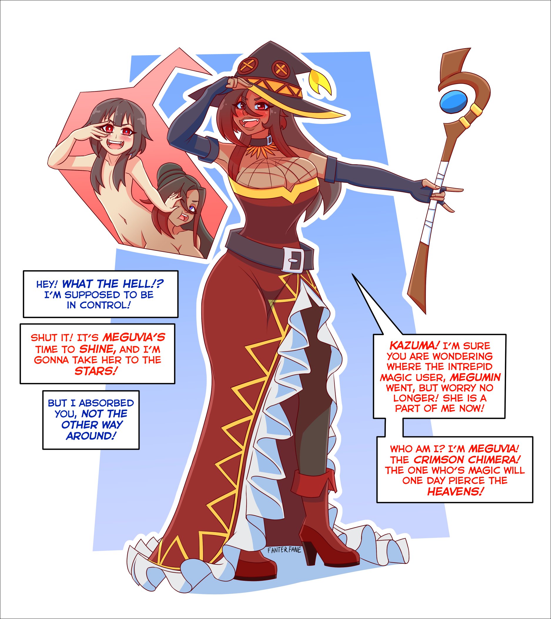 2021, 2girls, clothed, clothing, completely nude, dark skin, dark-skinned female, dialogue, fanterfane, female, female only, full body, fully clothed, fusion, human, kono subarashii sekai ni shukufuku wo!, light skin, light-skinned female, megumin, merging, nude, nude female, solo focus, sylvia (konosuba), tagme, transformation