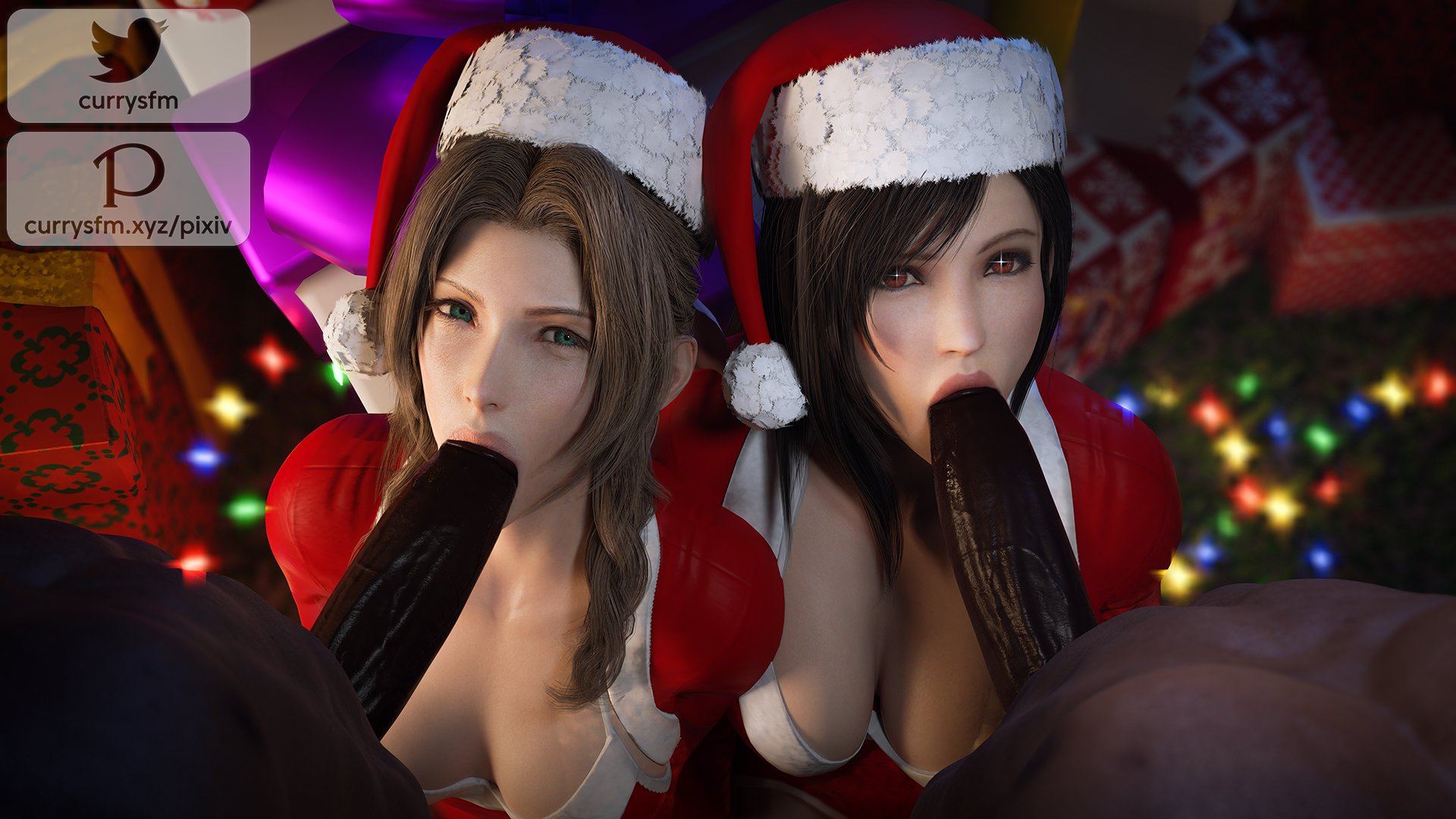 2boys, 2girls, 3d, 3d (artwork), aerith gainsborough, african male, blowjob, christmas, christmas hat, currysfm, dark skin, dark-skinned male, double fellatio, fellatio, female, female focus, final fantasy, final fantasy vii, group, group sex, interracial, large penis, light skin, light-skinned female, male, multiple boys, multiple females, multiple girls, multiple males, oral, penis, sex, straight, tagme, tifa lockhart