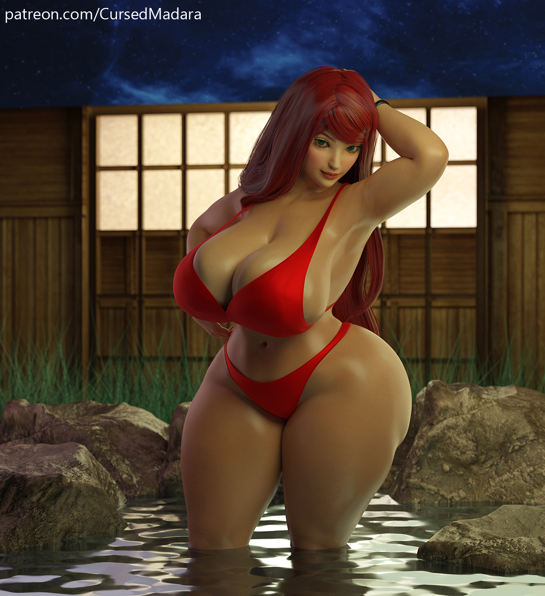 3d, ass, big ass, big breasts, big butt, big thighs, breasts, cursedmadara, female, female only, image, in water, naruto, naruto (series), red bra, red hair, red panties, shiny skin, solo, standing, uzumaki kushina