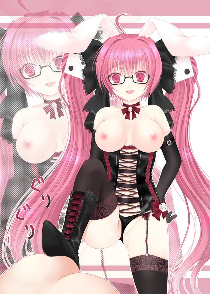 1girls animal_ears black_panties blush breasts bunny_ears choker corset detached_sleeves di_gi_charat dice dice_hair_ornament female garter_straps glasses gloves human large_breasts light-skinned_female light_skin long_hair open_mouth pink_eyes pink_hair rara419 twintails usada_hikaru very_long_hair