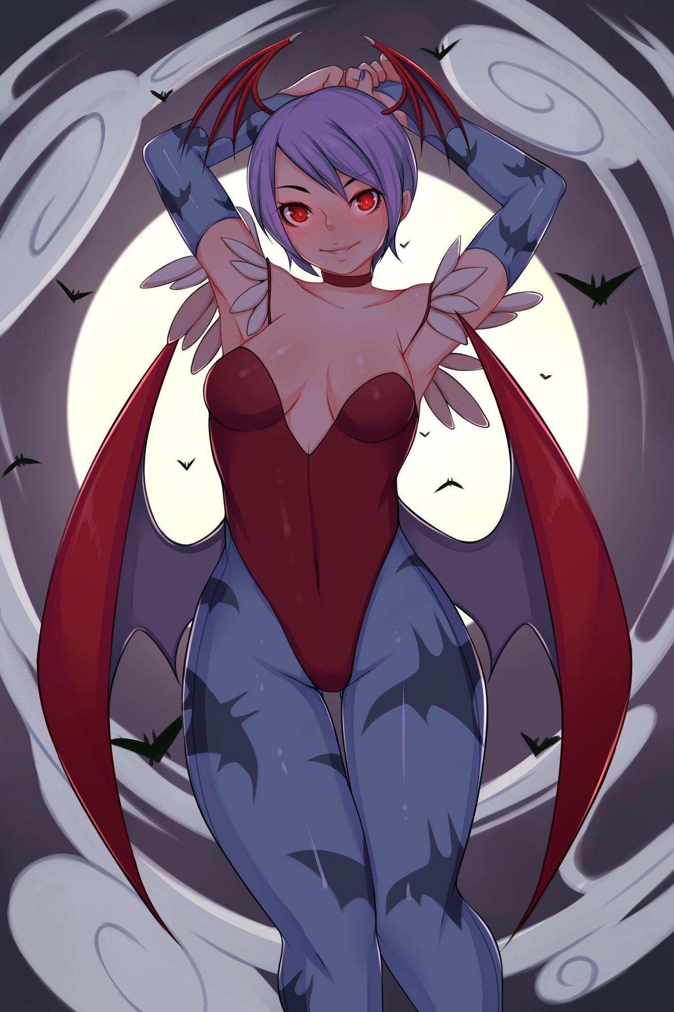 1girls 2022 arms_above_head bat_print blue_pantyhose capcom choker clothing darkstalkers demon_wings female female_only fiveish gauntlets glowing_eyes head_wings hi_res knees_together leotard lilith_aensland looking_at_viewer pantyhose purple_hair red_eyes short_hair small_breasts smiling smiling_at_viewer solo succubus thigh_gap wings