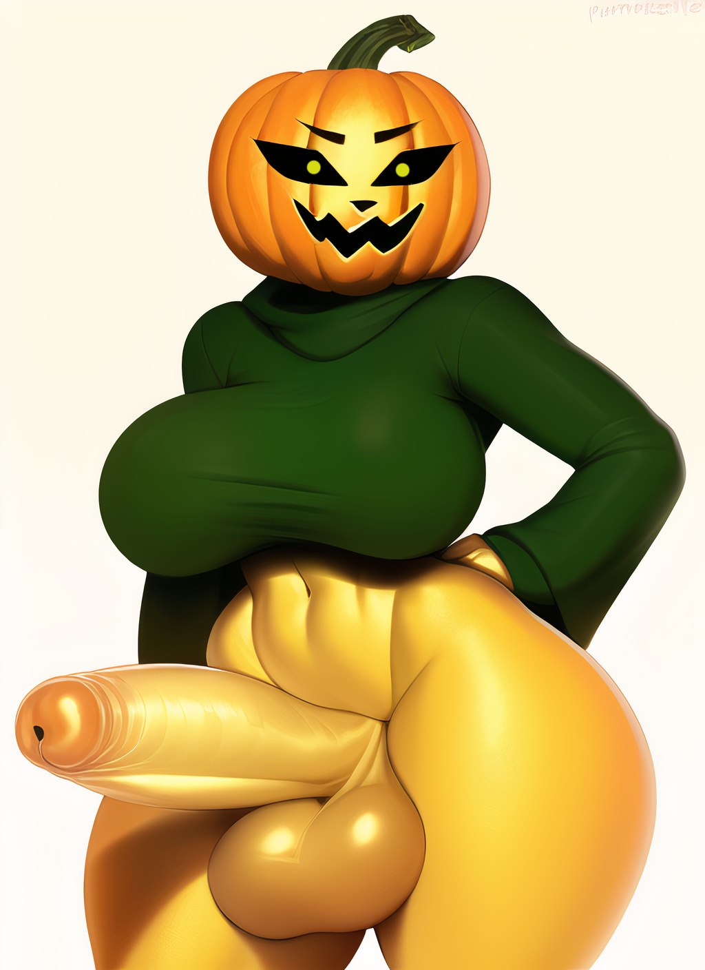 1futa ai_generated balls big_balls big_breasts big_testicles bottomless breasts clothed clothing creature dickgirl erection futa_only futanari green_clothing gynomorph halloween halloween_pumpkin huge_cock huge_hips humanoid humanoid_penis nai_diffusion orange_skin partially_clothed penis posing pumpkin pumpkin_girl pumpkin_head solo stable_diffusion standing testicles thick_thighs wide_hips yellow_eyes