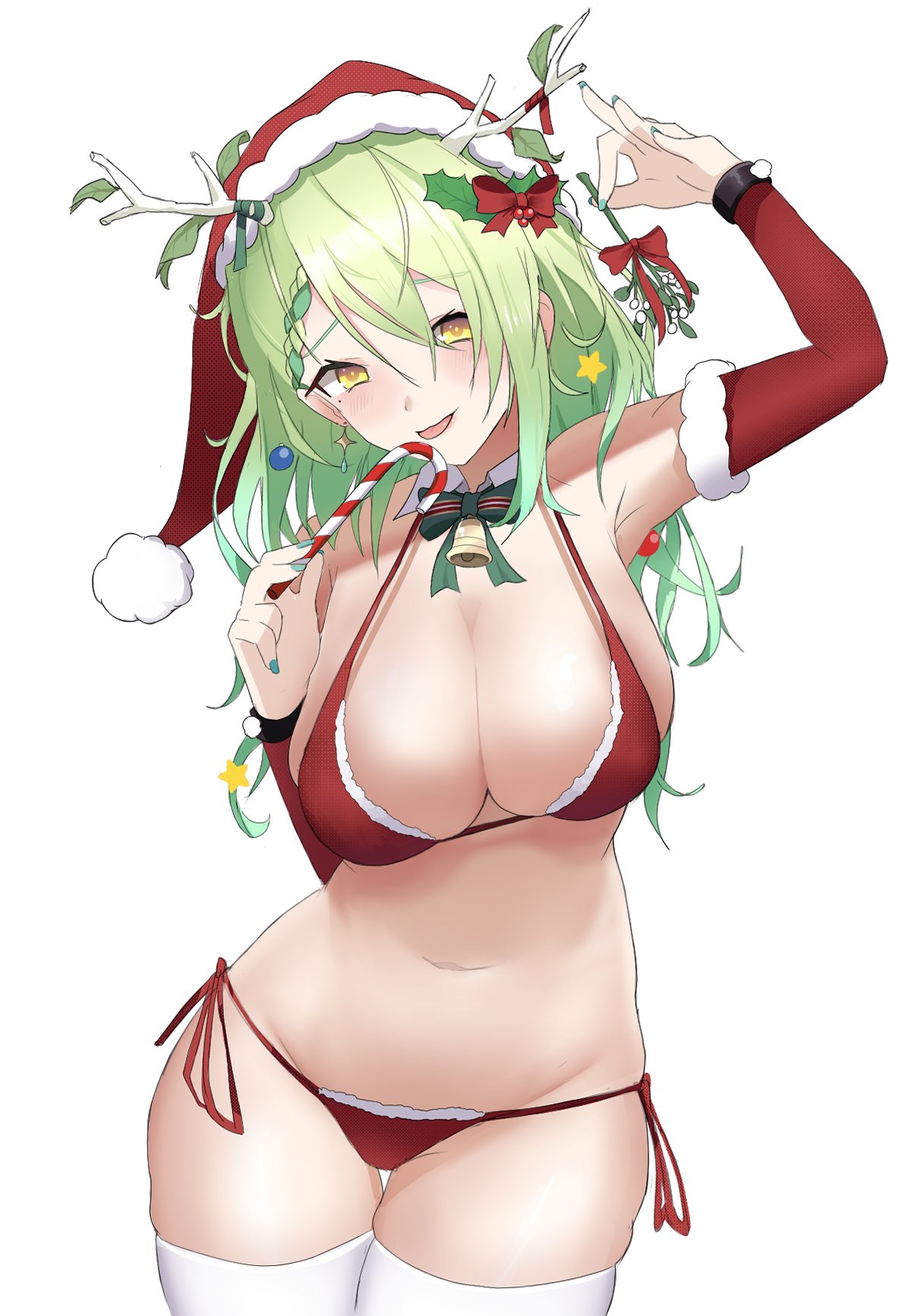 1girls antlers beauty_mark bell bell_collar bikini bikini_bottom bikini_top bow candy_cane ceres_fauna christmas clothed earrings female female_only green_hair holly_(plant) hololive hololive_english hololive_english_-council- hololive_english_-promise- humanoid mistletoe nail_polish no_visible_genitalia ornament ornaments red_berries rounded_leaves santa_hat single_braid sleeves smug solo spiky_leaves stockings virtual_youtuber white_background white_berries white_stockings yellow_eyes