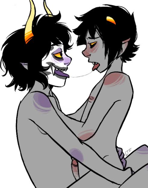 2boys gamzee_makara gay homestuck horns karkat_vantas kiss kissing lemonteaflower male_only ms_paint_adventures naked penis saliva_string tagme tongue_out troll