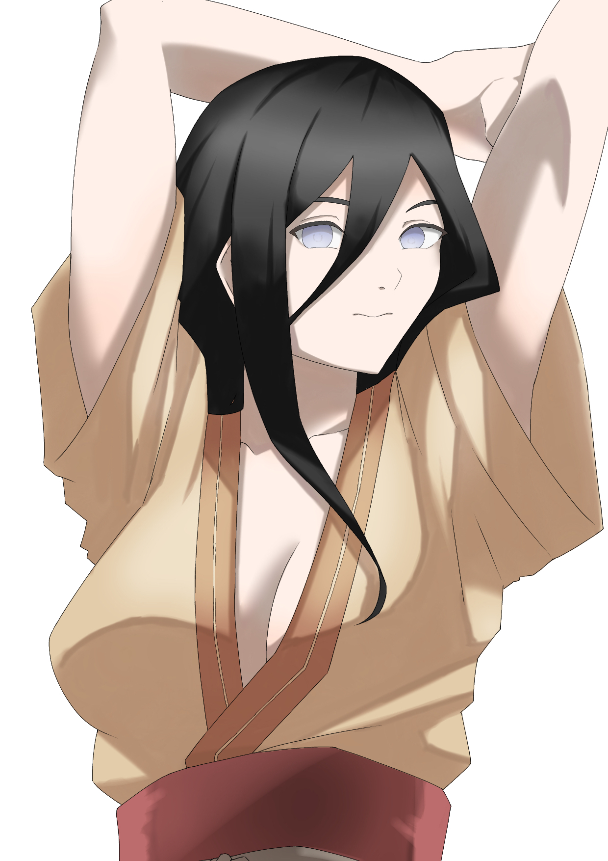 1girls, arms up, big breasts, boruto: naruto next generations, breasts, brown hair, female, female only, hyuuga hanabi, japanese clothes, kimono, long hair, looking at viewer, naruto, naruto (series), no bra, solo, solo focus, upper body, violet eyes, wide sleeves, yukata