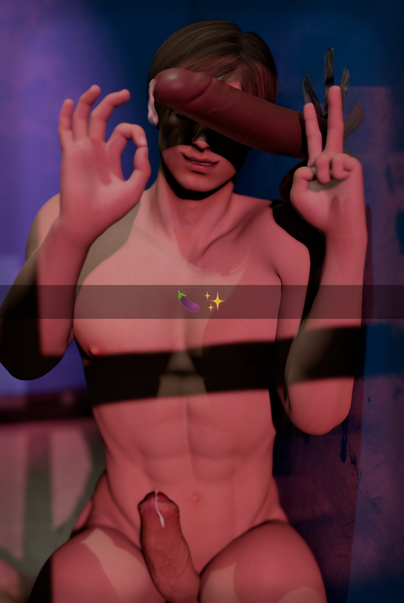 2boys, 3d, abs, big penis, blacked male, dark skin, dark-skinned male, elmamoru, erection, faceless male, gay, glory hole, interracial, leaking, leaking cum, leon scott kennedy, light skin, light-skinned male, male, male only, male/male, nameless character, ok sign, peace sign, pecs, penis, penis on face, posing for picture, realistic, resident evil, resident evil 2, resident evil 2 remake, smile, snapchat, twink, veiny penis