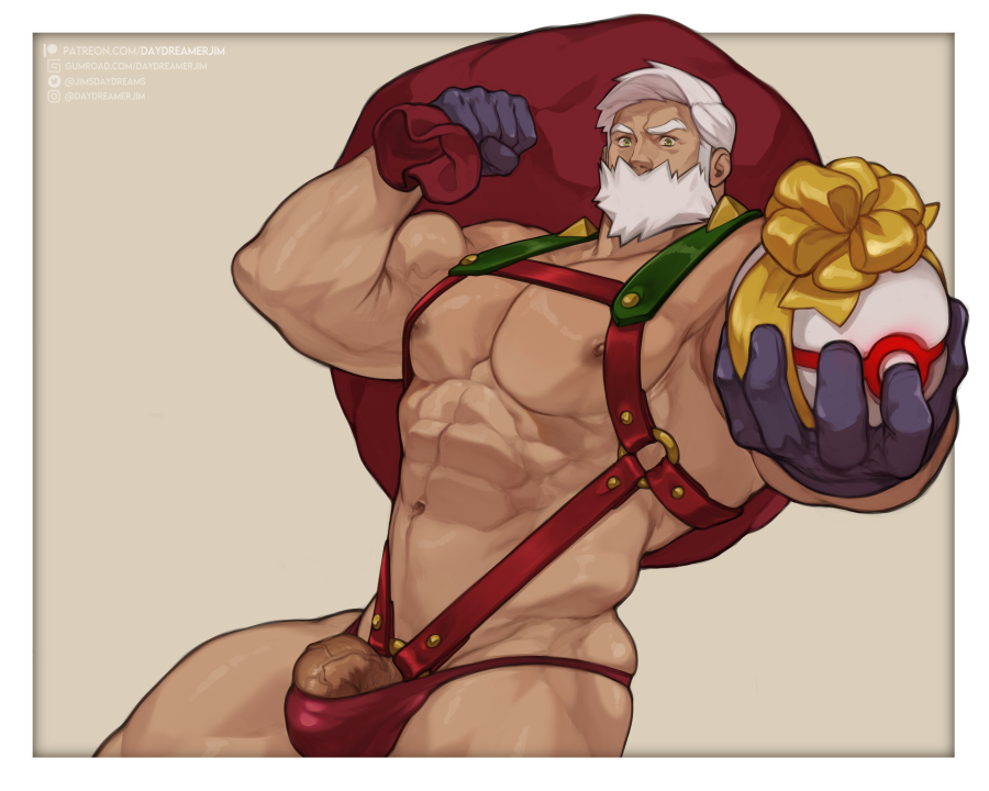 beard big_bulge bulge christmas daydreamerjim drayden facial_hair facial_tuft flaccid flaccid_penis gift harness huge_bulge male male_only muscles muscular muscular_male penis_peek pokemon pokemon_bw pokemon_bw2 present santa_costume thong veiny_penis