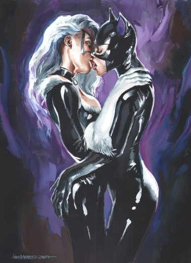 2girls, antiheroine, artist request, ass, ass grab, batman (series), big ass, big breasts, black cat (marvel), breasts, catwoman, crossover, curvy, curvy body, curvy female, dc, dc comics, felicia hardy, female, female only, female/female, gloves, kissing, light skin, light-skinned female, marvel, marvel comics, selina kyle, spider-man (series), thief, tight clothing, villain, villainess, voluptuous, voluptuous female, yuri