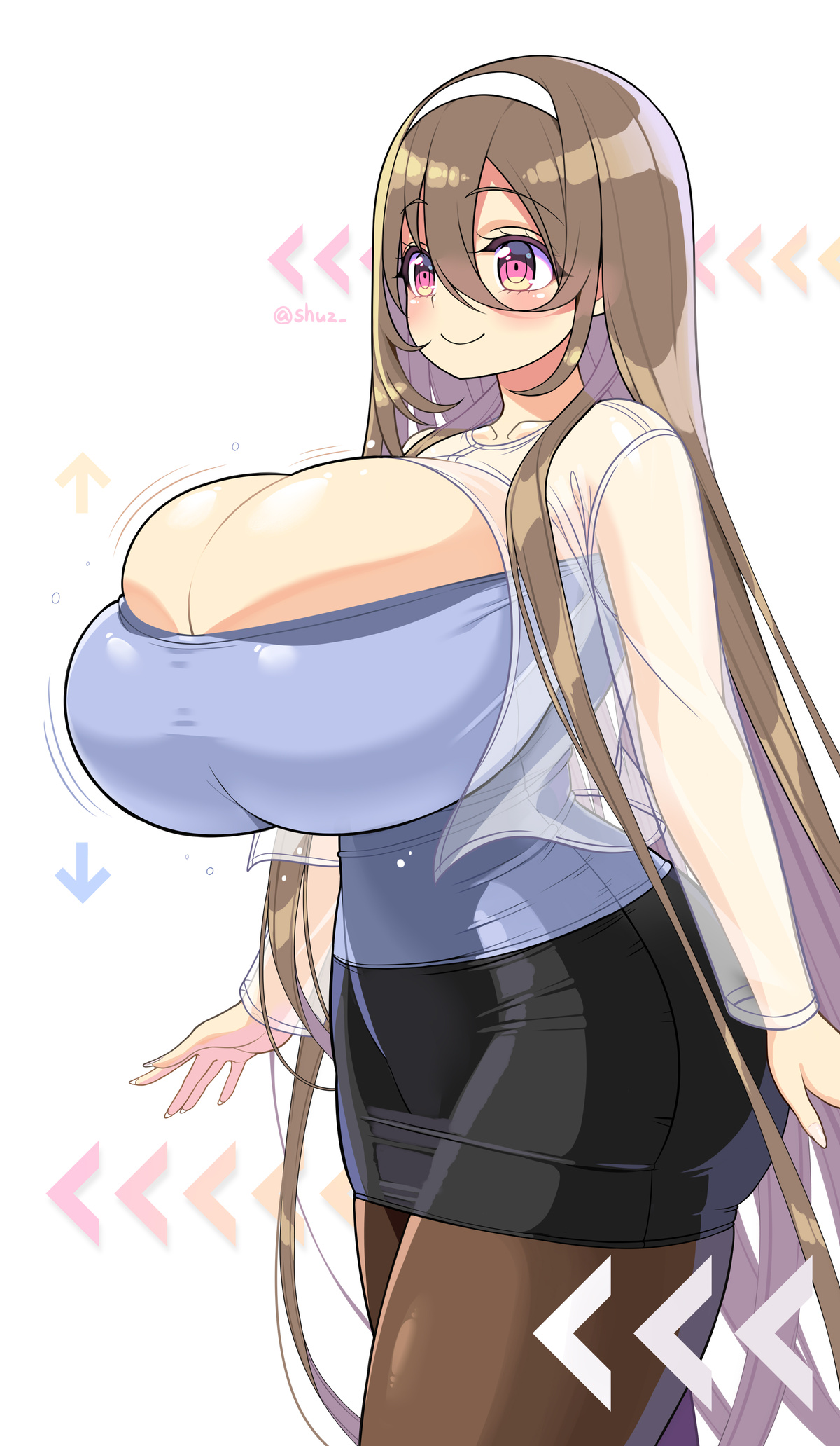 ass, big ass, big breasts, big butt, blush, bouncing breasts, breasts, brown hair, female, focused, headband, huge breasts, hyper breasts, jiggling breasts, pantyhose, short skirt, shuz (dodidu), skirt, voluptuous, yurika aiuchi (shuz)