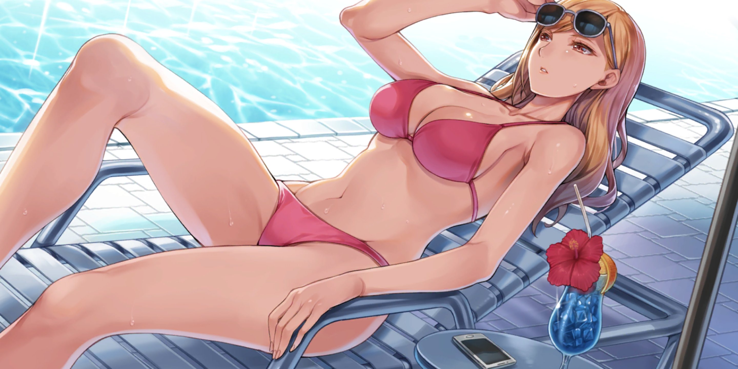 akiyama kaede, amber eyes, beach chair, big breasts, bikini, blonde hair, breasts, cleavage, female, female only, game cg, hair down, kengan (series), kengan ashura, kengan ashura ultimate battle, long hair, official art, on back, pink bikini, pool, reclining, solo, sunglasses, sunglasses on head, sweat, swimsuit, video games, wet skin