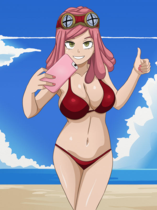 1girls beach beach_background bikini boku_no_hero_academia breasts cellphone female female_only green_eyes huge_breasts legs_crossed light-skinned_female looking_at_viewer medium_hair mei_hatsume my_hero_academia ok_sign pink_eyebrows pink_hair pink_nails red_bikini selfie shablagooo showing_teeth sky smile smile_at_viewer solo