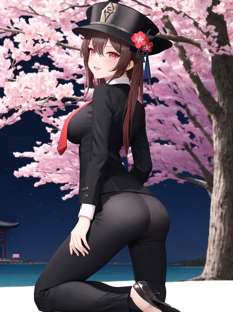 ai generated, alternate costume, ass, blush, breasts, brown hair, cherry blossoms, female, formal, from behind, genshin impact, hat, hat ornament, hu tao (genshin impact), long hair, looking at viewer, medium breasts, nai diffusion, necktie, open mouth, pants, red eyes, shiny, shiny clothes, shiny hair, shirt, shoes, sideboob, smile, solo, stable diffusion, tight pants