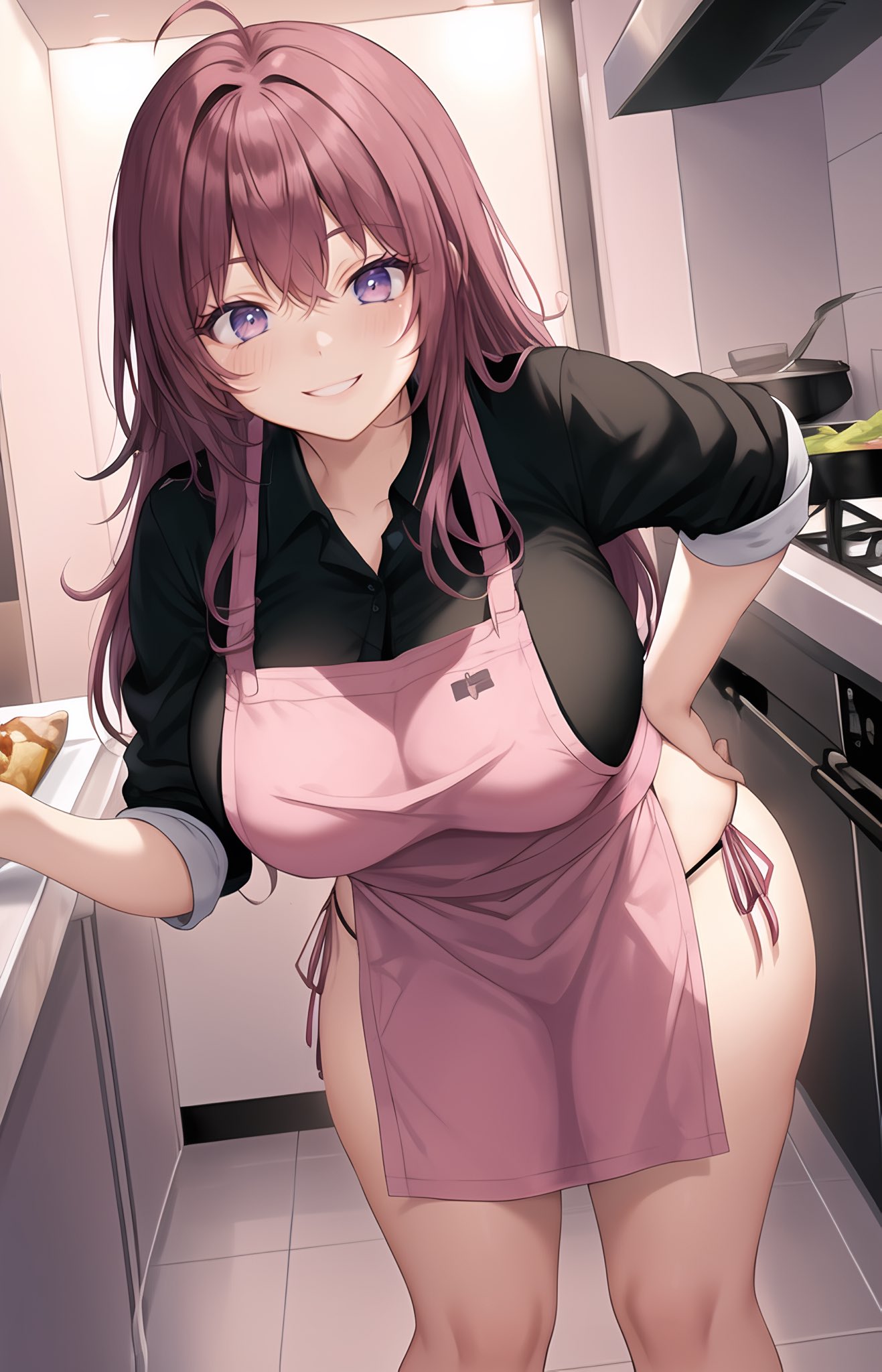 1girls, ai generated, apron, blue eyes, breasts, female, hand on hip, holding object, indoors, kitchen, large breasts, light skin, light-skinned female, original, original character, pink hair, smile, stable diffusion, stuffyai, thick thighs, wide hips